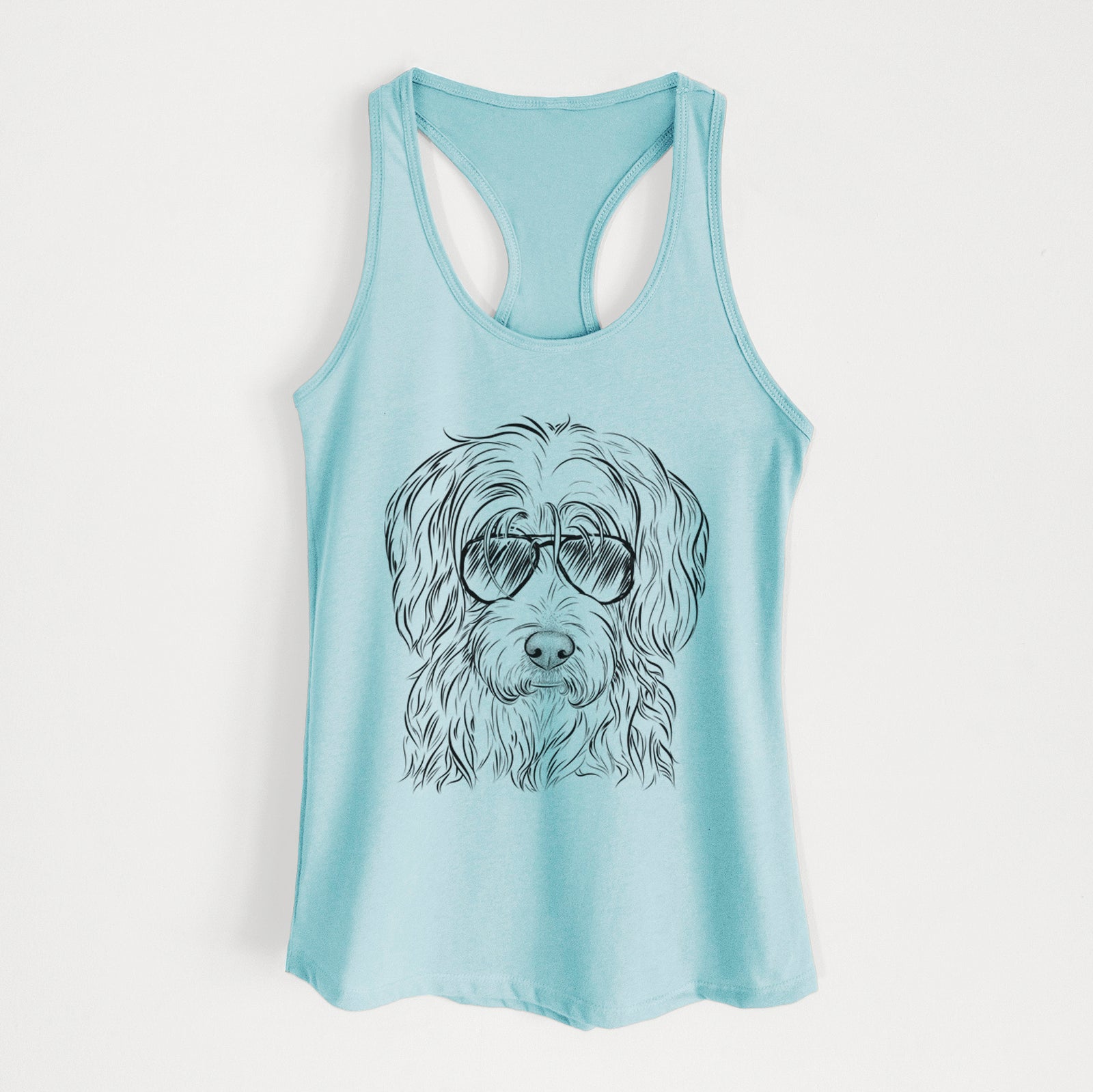 Hand-drawn sketch of Harry the Mixed Breed wearing aviator sunglasses on a Cancun Blue Women's racerback tanktop