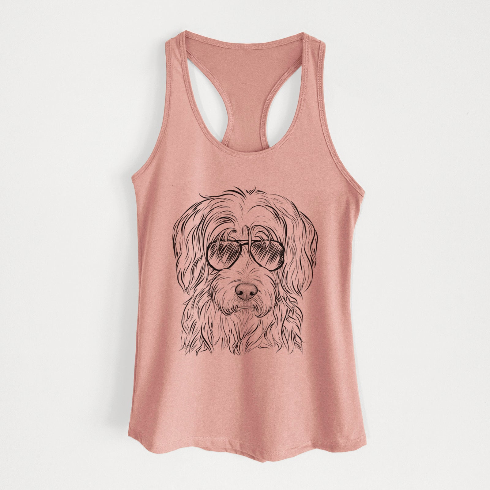 Hand-drawn sketch of Harry the Mixed Breed wearing aviator sunglasses on a Desert Pink Women's racerback tanktop