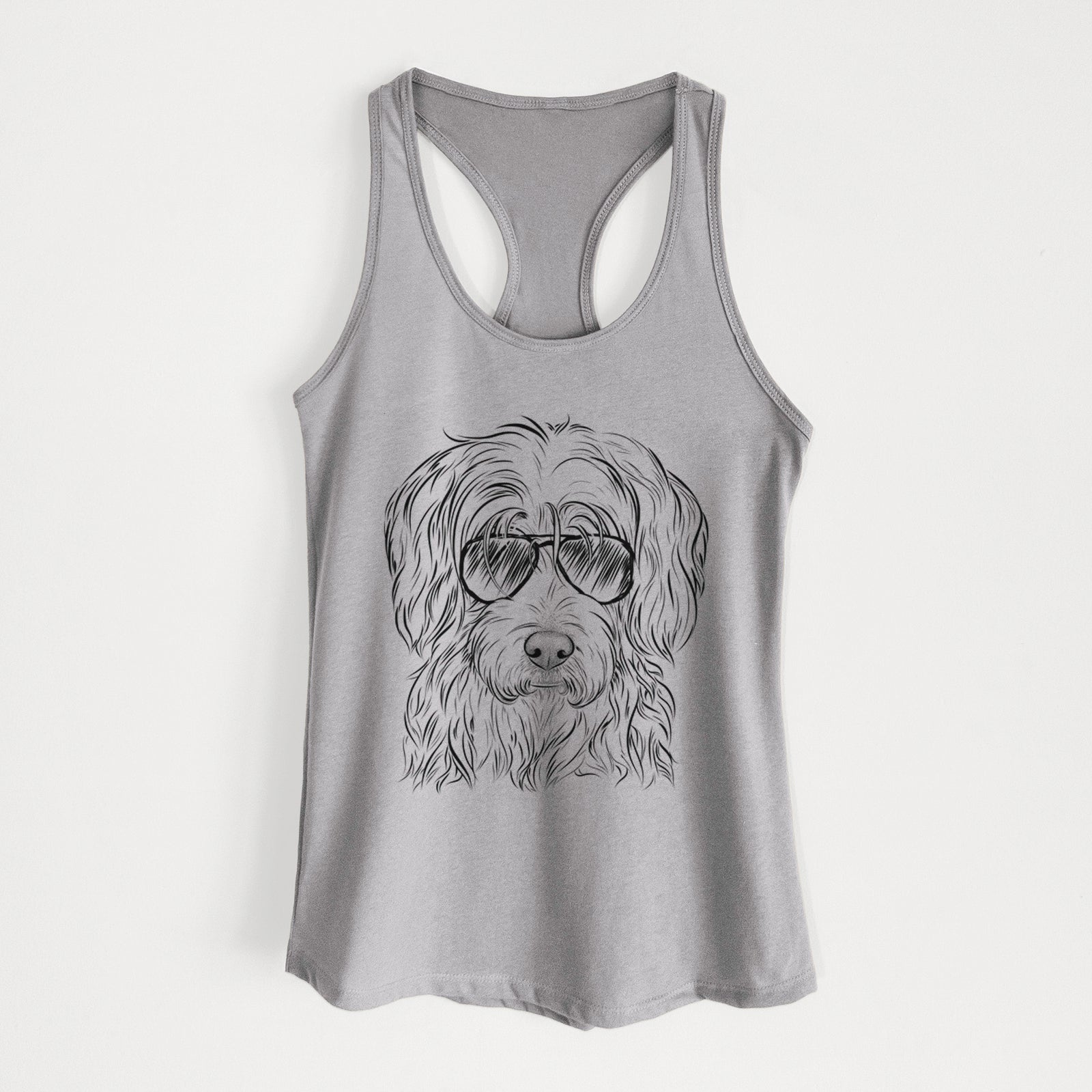 Hand-drawn sketch of Harry the Mixed Breed wearing aviator sunglasses on a Heather Grey Women's racerback tanktop