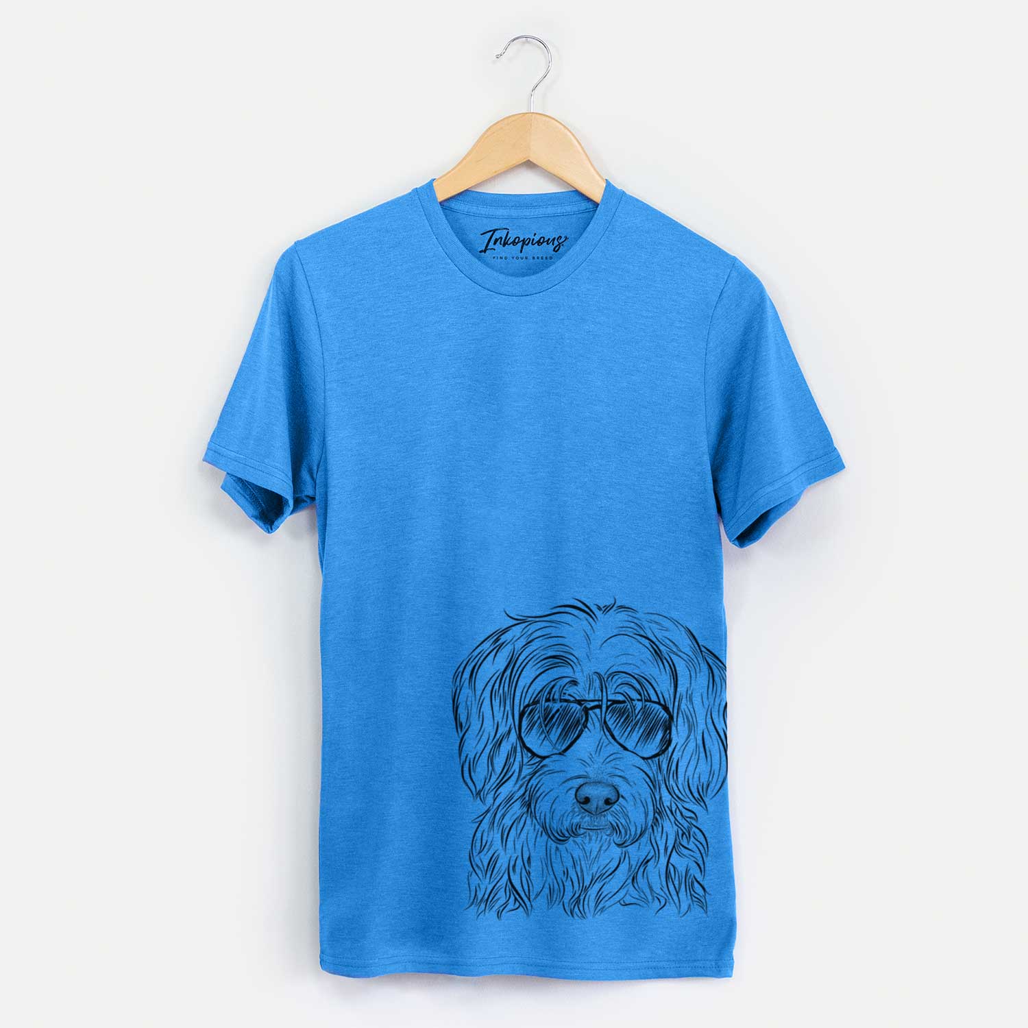 Hand-drawn sketch of Harry the Mixed Breed wearing aviator sunglasses on a Blue Unisex crewneck
