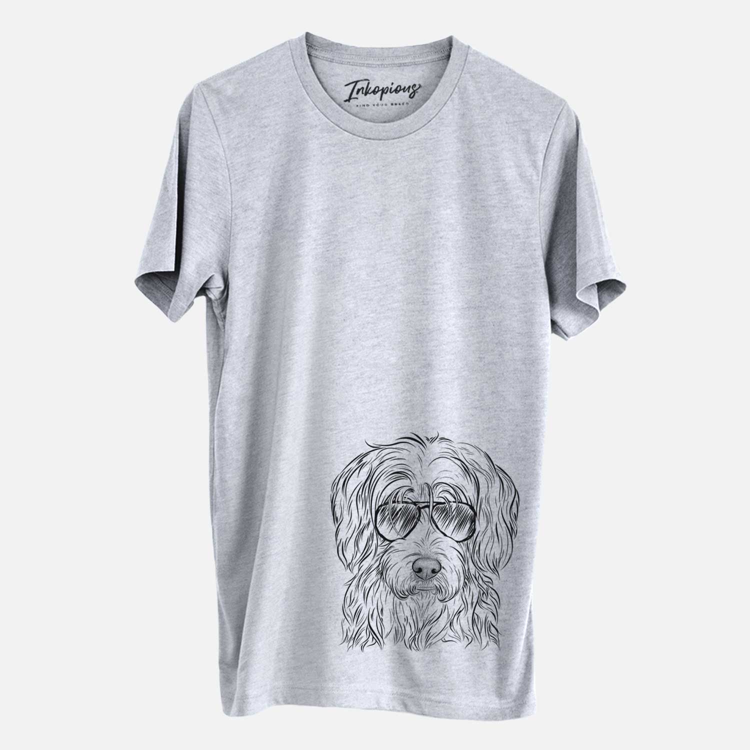 Hand-drawn sketch of Harry the Mixed Breed wearing aviator sunglasses on a Grey Unisex crewneck