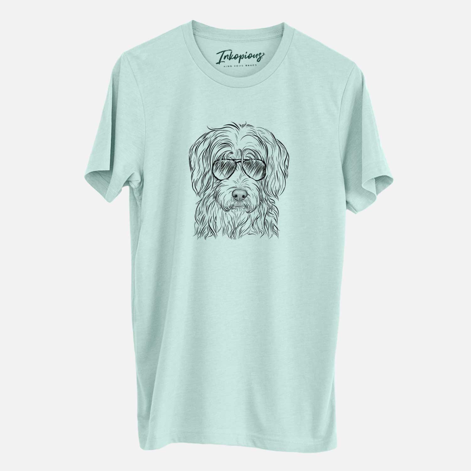 Hand-drawn sketch of Harry the Mixed Breed wearing aviator sunglasses on a Heather Sage Unisex crewneck