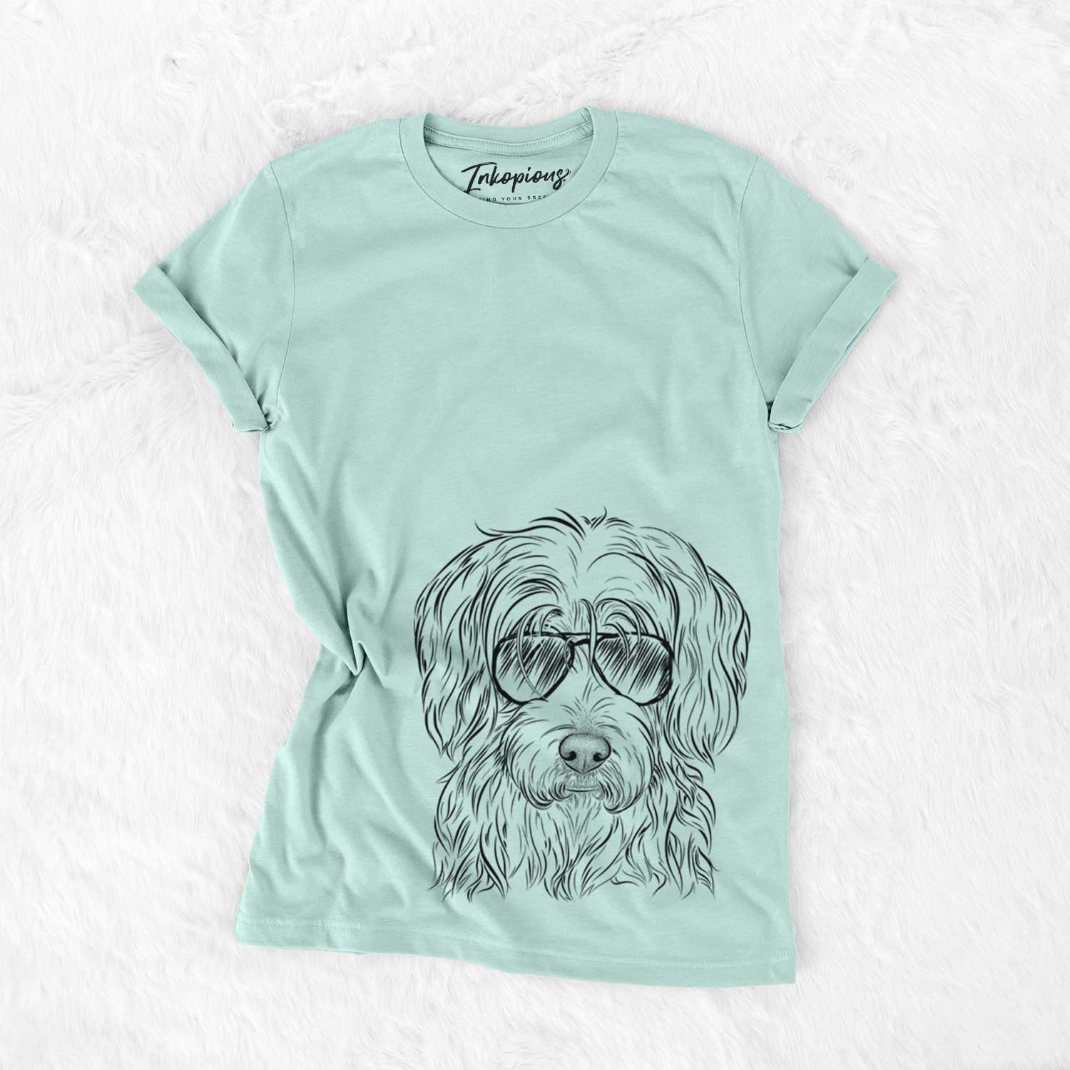 Hand-drawn sketch of Harry the Mixed Breed wearing aviator sunglasses on a Heather Sage Unisex crewneck