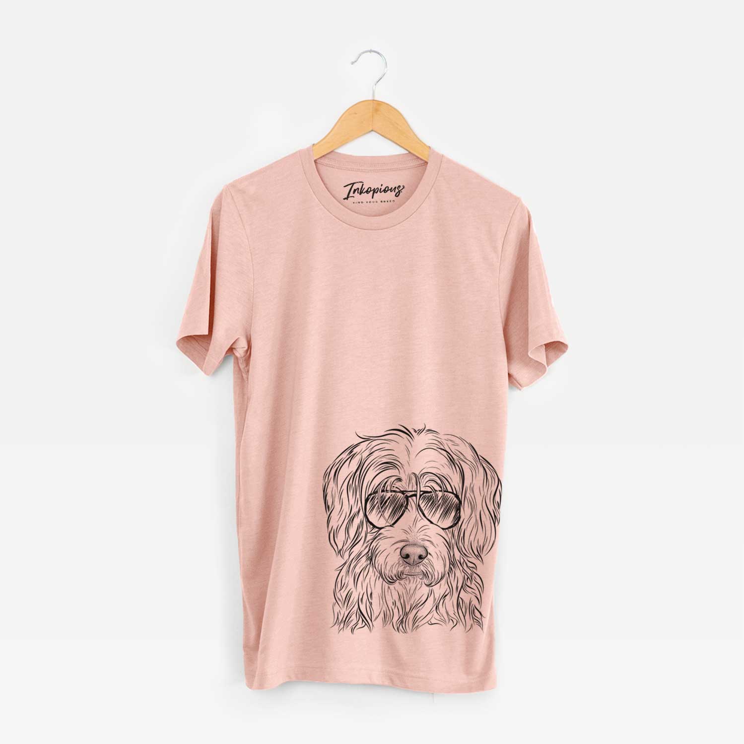Hand-drawn sketch of Harry the Mixed Breed wearing aviator sunglasses on a Peach Unisex crewneck