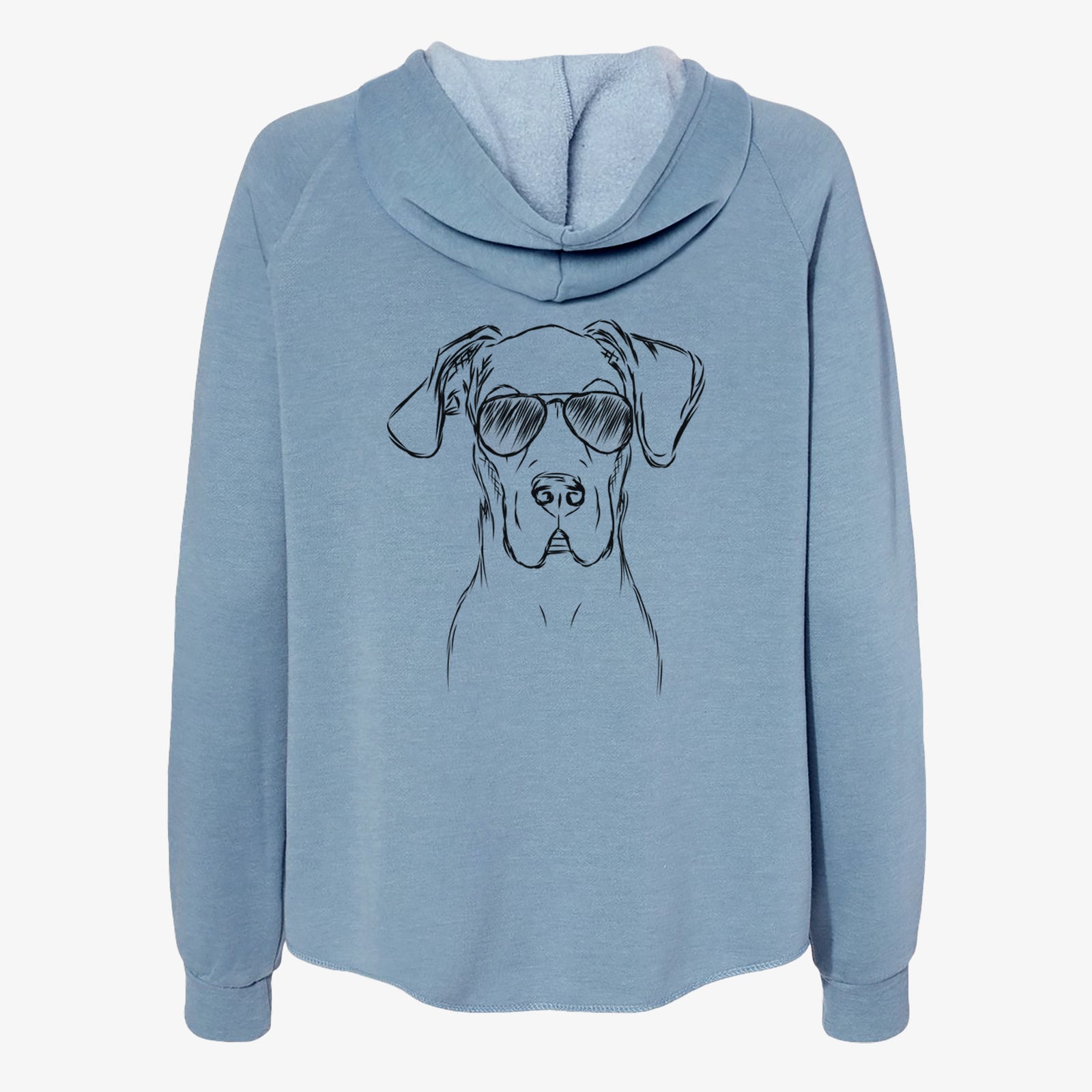 Hand-drawn sketch of Harvey the Great Dane wearing aviator sunglasses on a Misty Blue Women's cali wave zip-up sweatshirt
