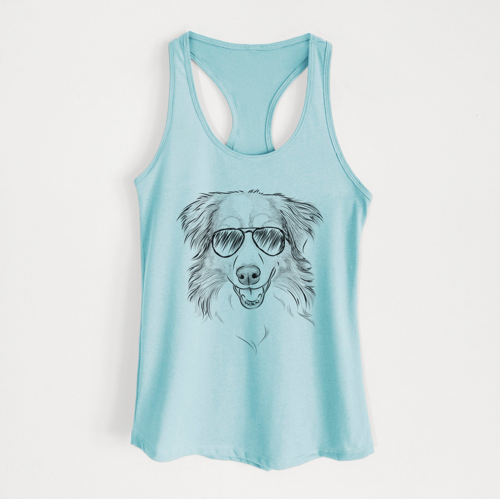 Hand-drawn sketch of Hattie the Australian Shepherd wearing aviator sunglasses on a Cancun Blue Women's racerback tanktop