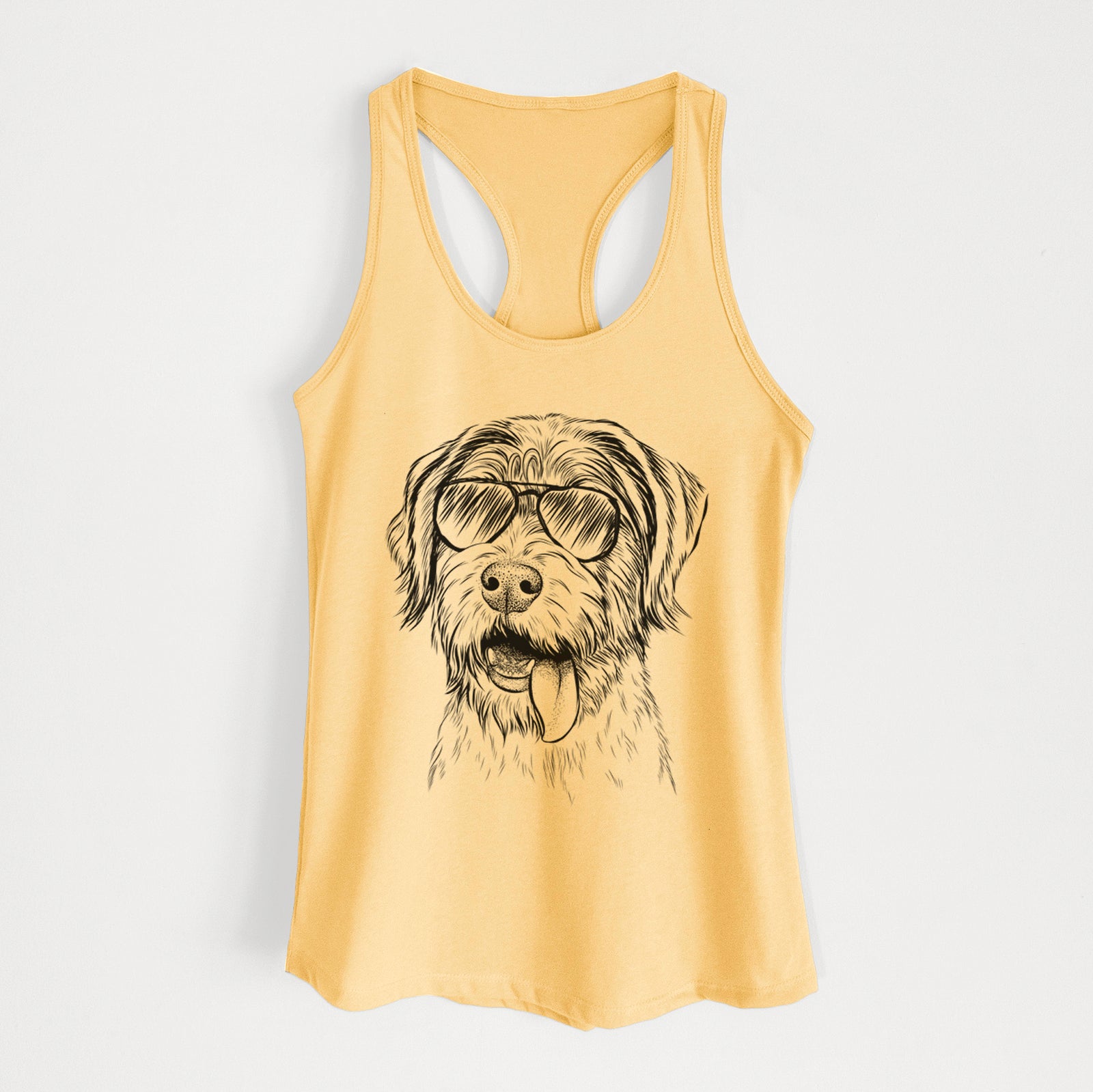 Hand-drawn sketch of Hazel the German Wirehaired Pointer Mix wearing aviator sunglasses on a Banana Cream Women's racerback tanktop