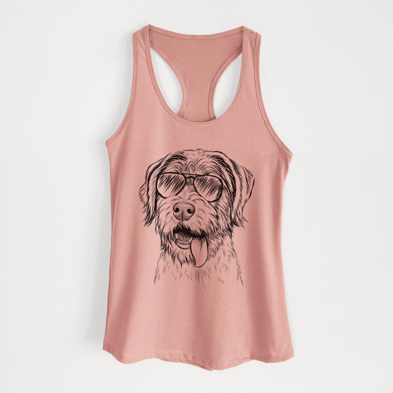 Hand-drawn sketch of Hazel the German Wirehaired Pointer Mix wearing aviator sunglasses on a Desert Pink Women's racerback tanktop
