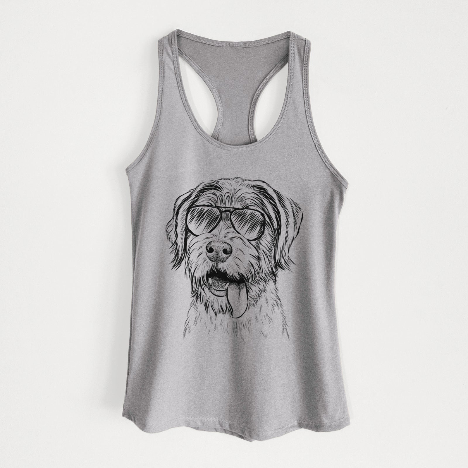 Hand-drawn sketch of Hazel the German Wirehaired Pointer Mix wearing aviator sunglasses on a Heather Grey Women's racerback tanktop