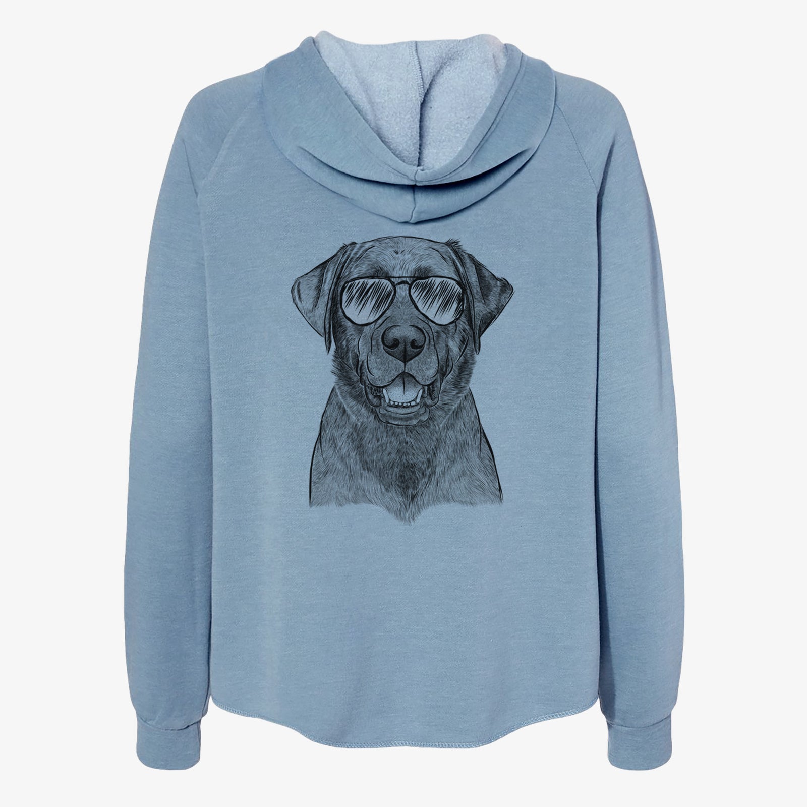 Hand-drawn sketch of Heath the Black Lab wearing aviator sunglasses on a Misty Blue Women's cali wave zip-up sweatshirt