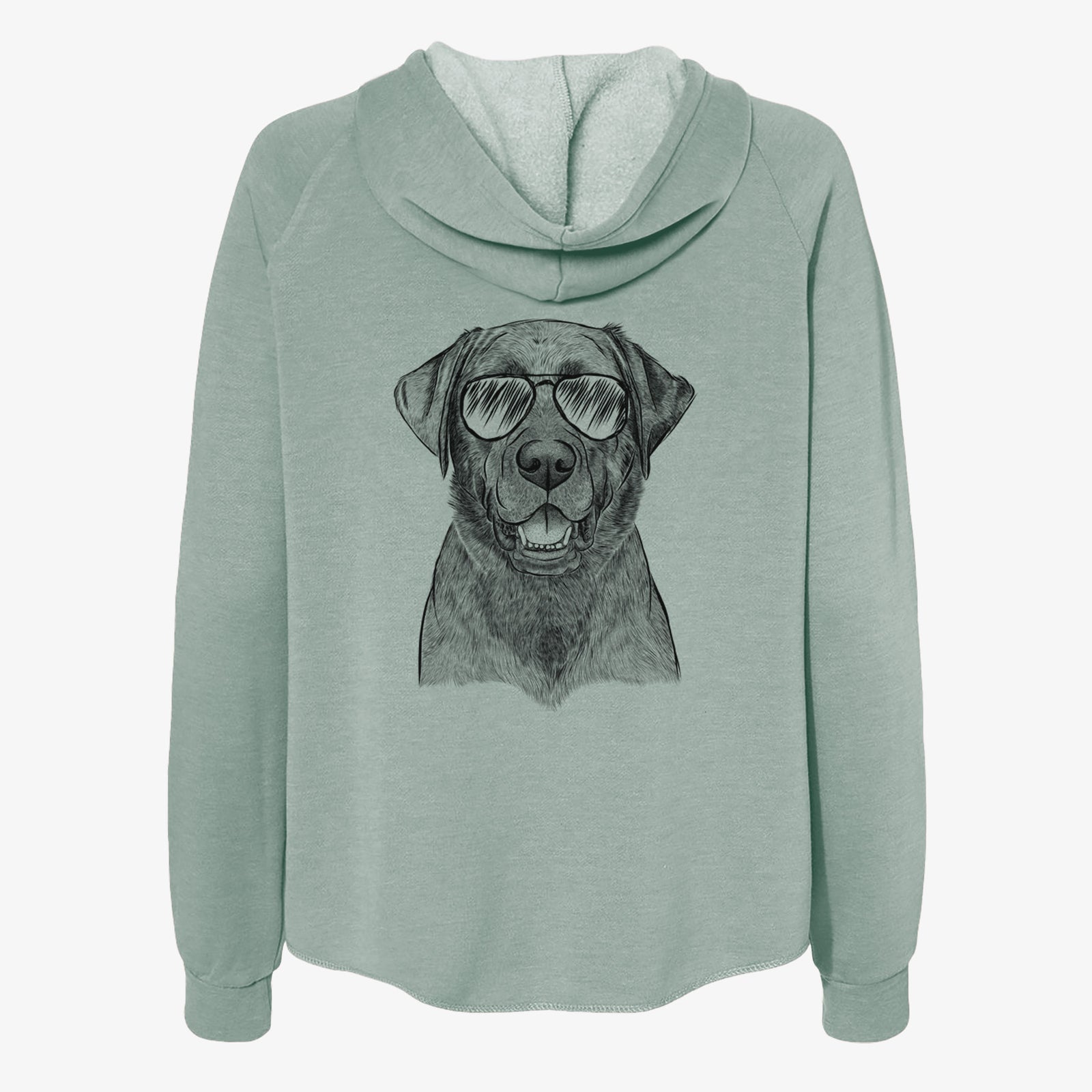 Hand-drawn sketch of Heath the Black Lab wearing aviator sunglasses on a Sage Women's cali wave zip-up sweatshirt