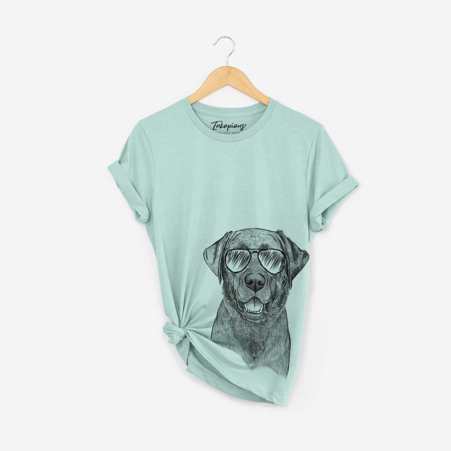 Hand-drawn sketch of Heath the Black Lab wearing aviator sunglasses on a Heather Sage Bella Canvas Unisex Crewneck