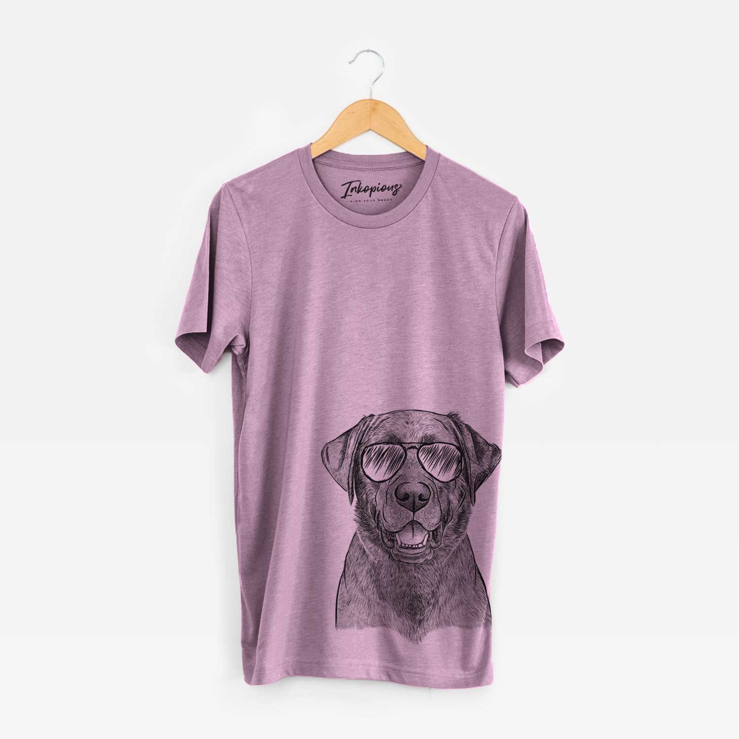 Hand-drawn sketch of Heath the Black Lab wearing aviator sunglasses on an Orchid Bella Canvas Unisex Crewneck