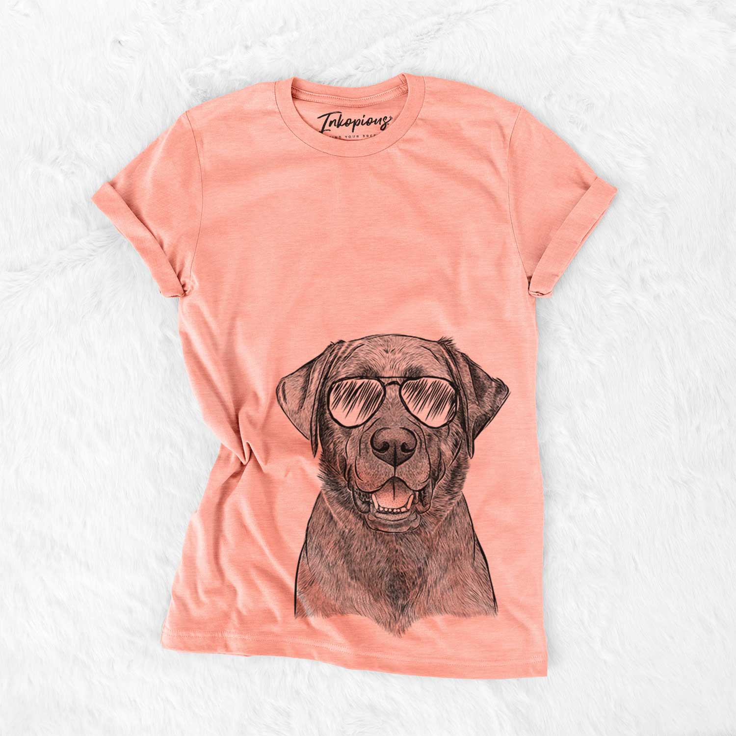 Hand-drawn sketch of Heath the Black Lab wearing aviator sunglasses on a Sunset Bella Canvas Unisex Crewneck