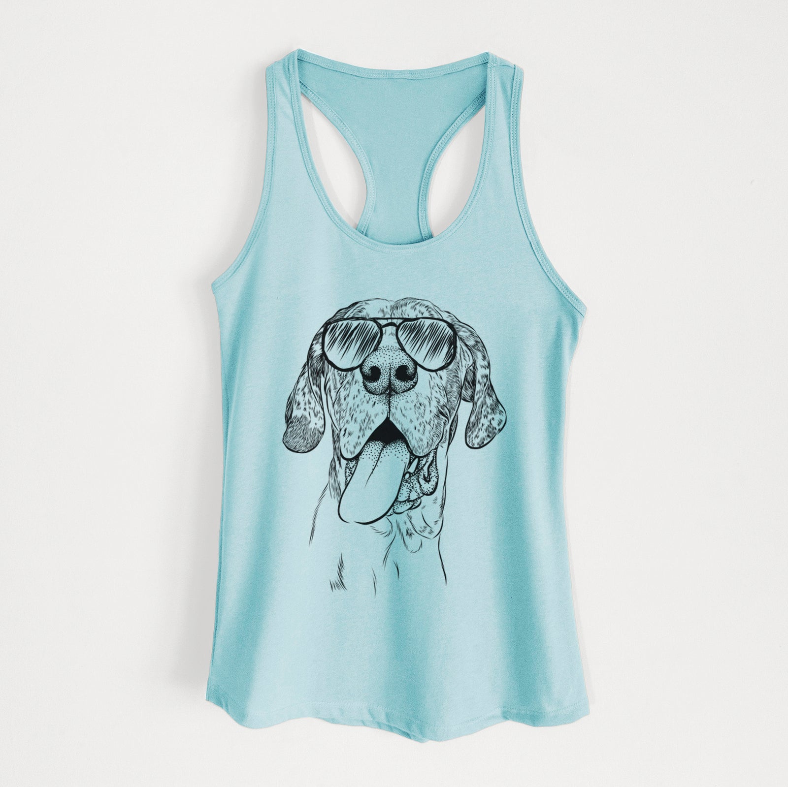 Hand-drawn sketch of Hennessey the Great Dane wearing aviator sunglasses on a Cancun Blue Women's racerback tanktop