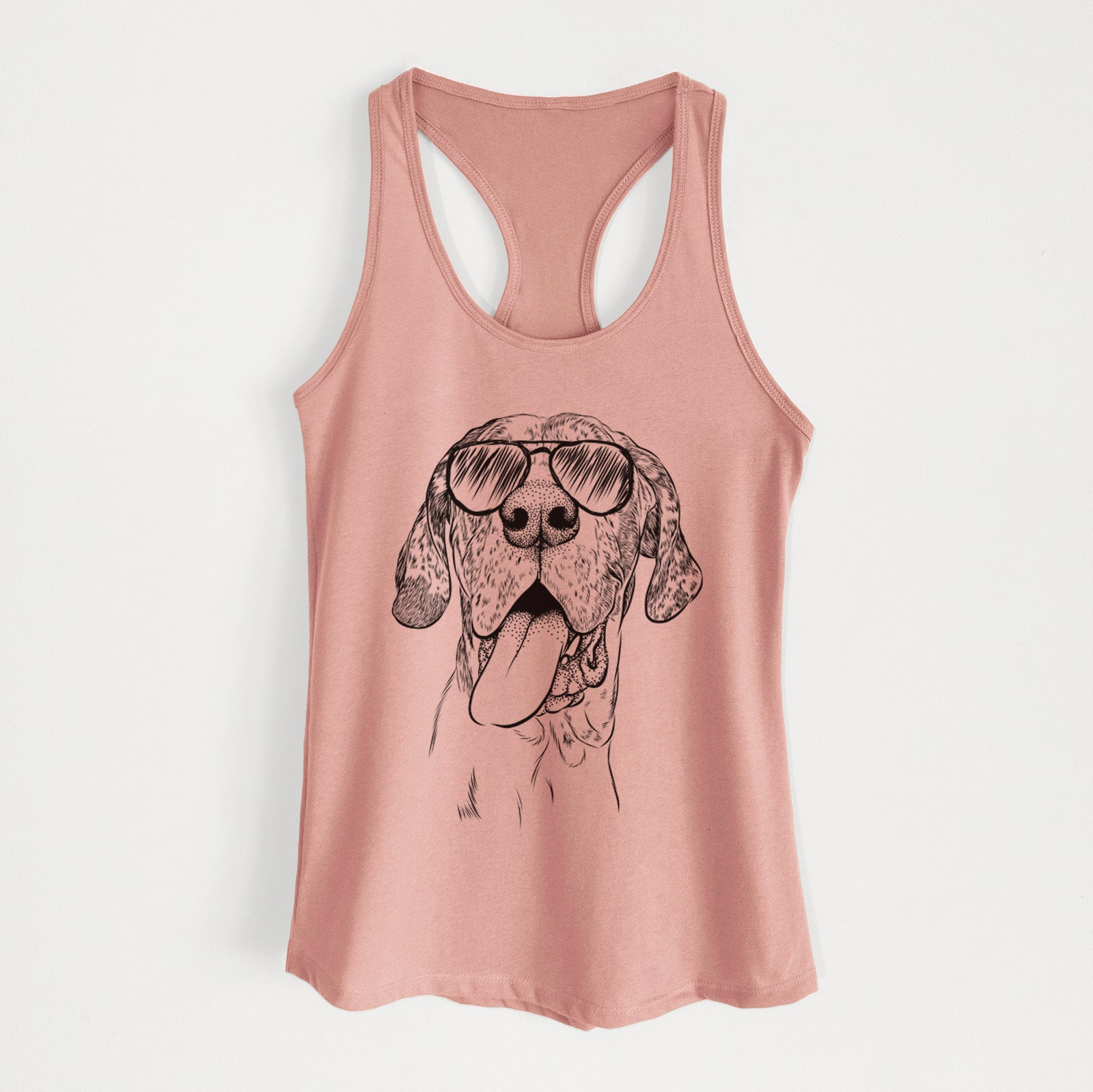 Hand-drawn sketch of Hennessey the Great Dane wearing aviator sunglasses on a Desert Pink Women's racerback tanktop