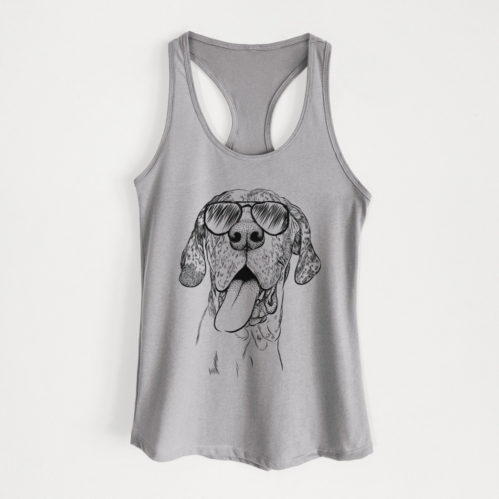 Hand-drawn sketch of Hennessey the Great Dane wearing aviator sunglasses on a Heather Grey Women's racerback tanktop