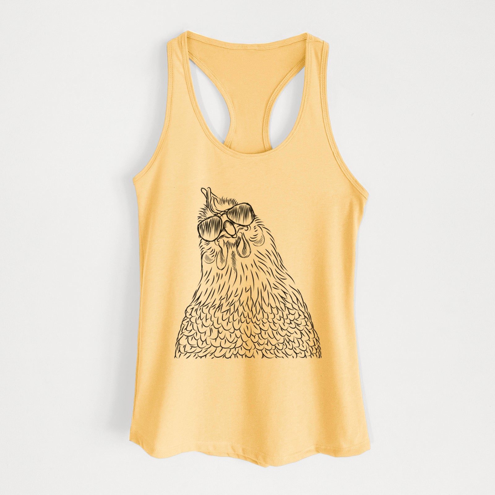 Hand-drawn sketch of Henrietta the Chicken wearing aviator sunglasses on a Banana Cream Women's racerback tanktop
