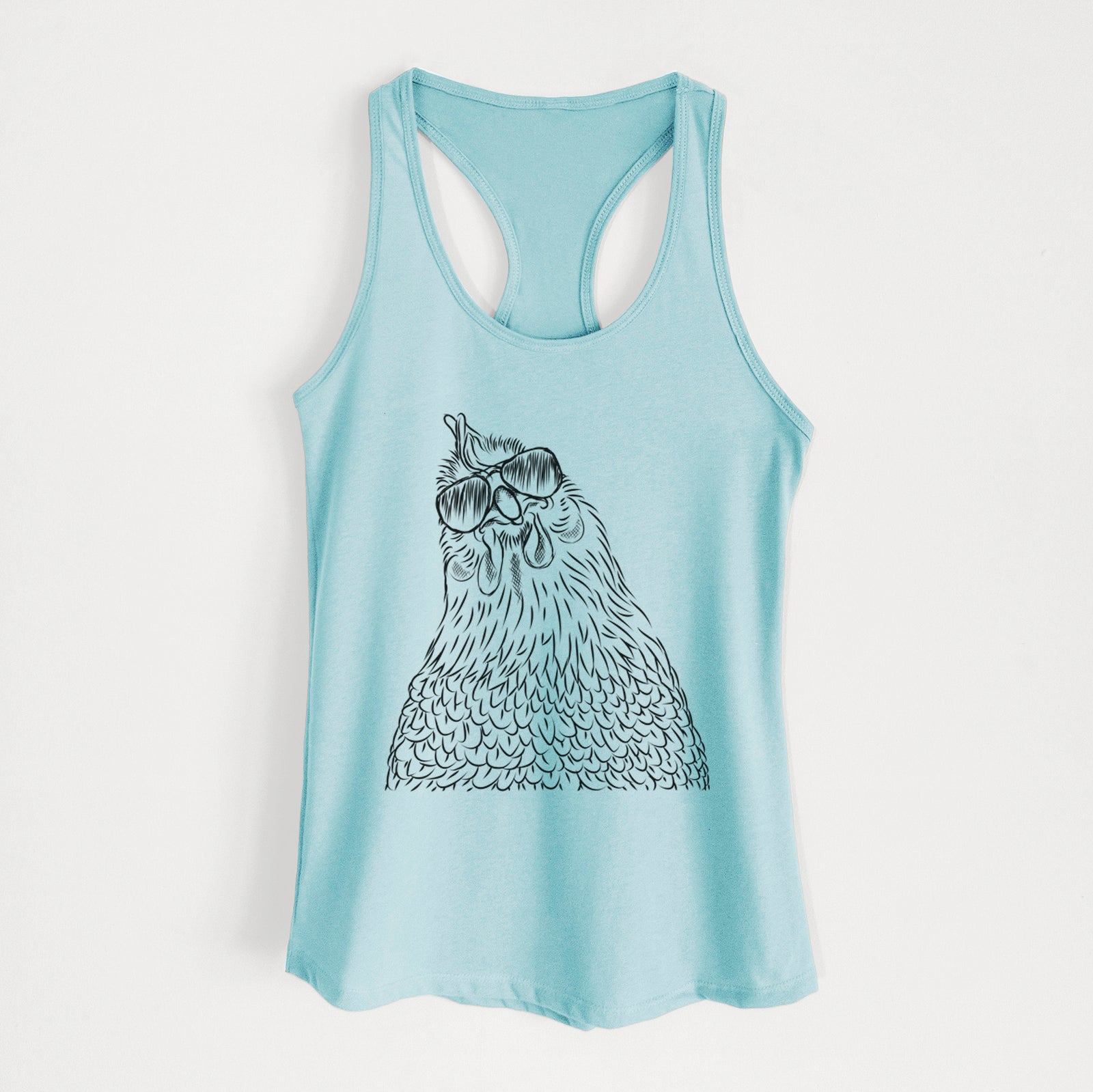 Hand-drawn sketch of Henrietta the Chicken wearing aviator sunglasses on a Cancun Blue Women's racerback tanktop