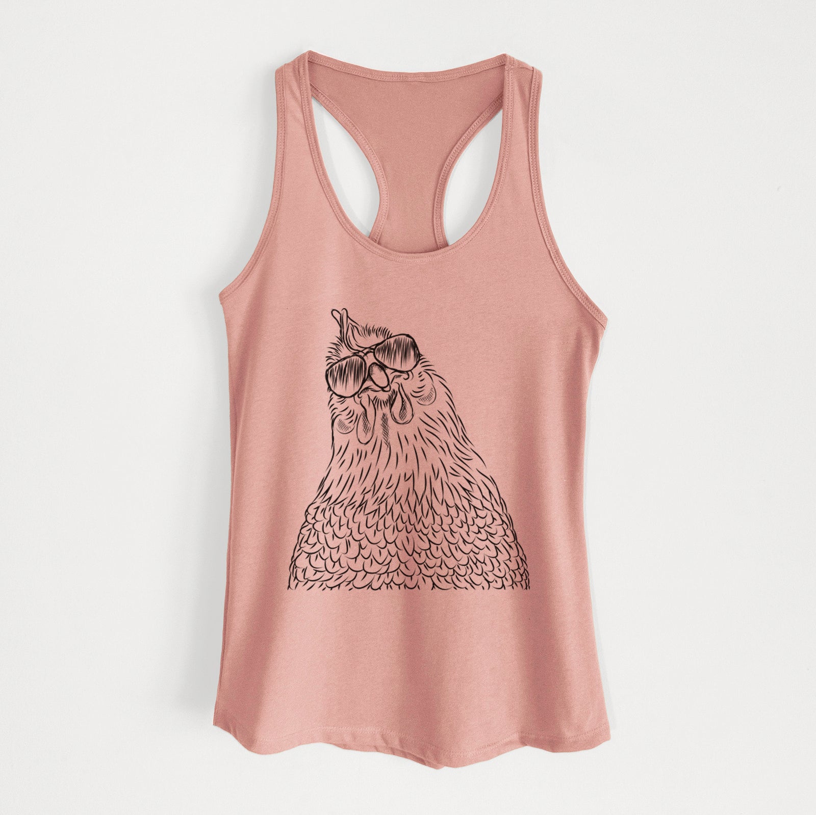 Hand-drawn sketch of Henrietta the Chicken wearing aviator sunglasses on a Desert Pink Women's racerback tanktop