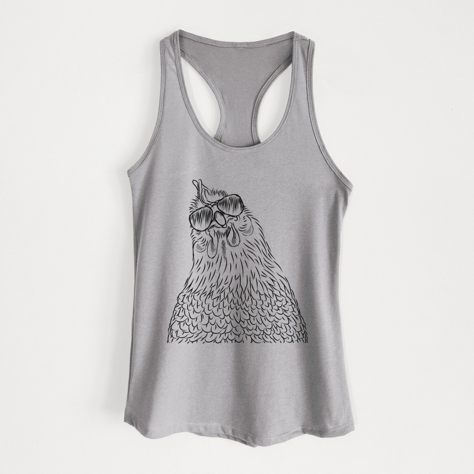 Hand-drawn sketch of Henrietta the Chicken wearing aviator sunglasses on a Heather Grey Women's racerback tanktop