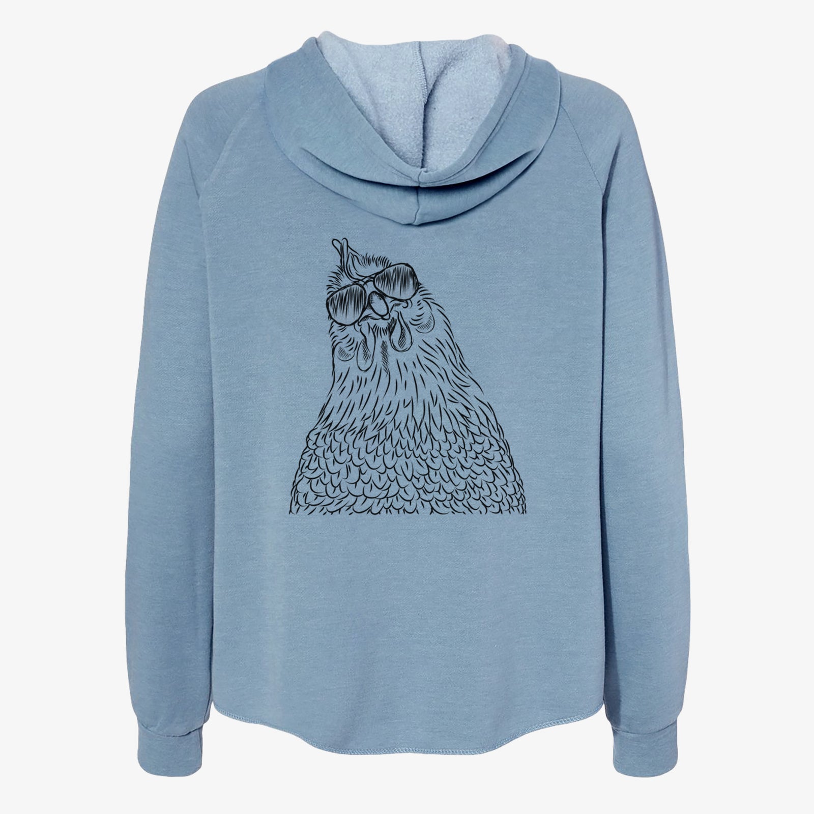 Hand-drawn sketch of Henrietta the Chicken wearing aviator sunglasses on a Misty Blue Women's cali wave zip-up sweatshirt