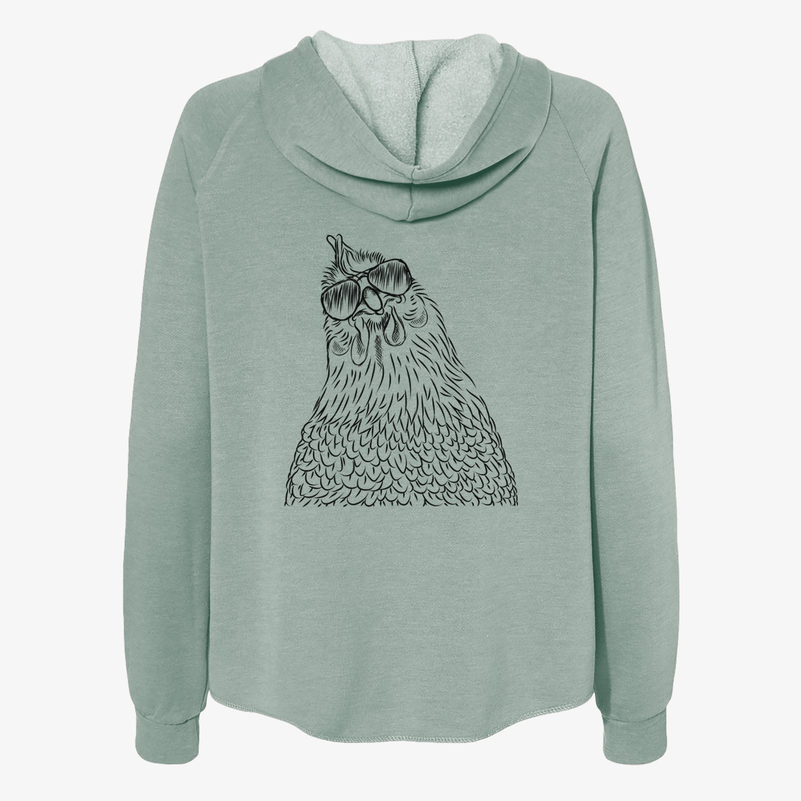 Hand-drawn sketch of Henrietta the Chicken wearing aviator sunglasses on a Sage Women's cali wave zip-up sweatshirt