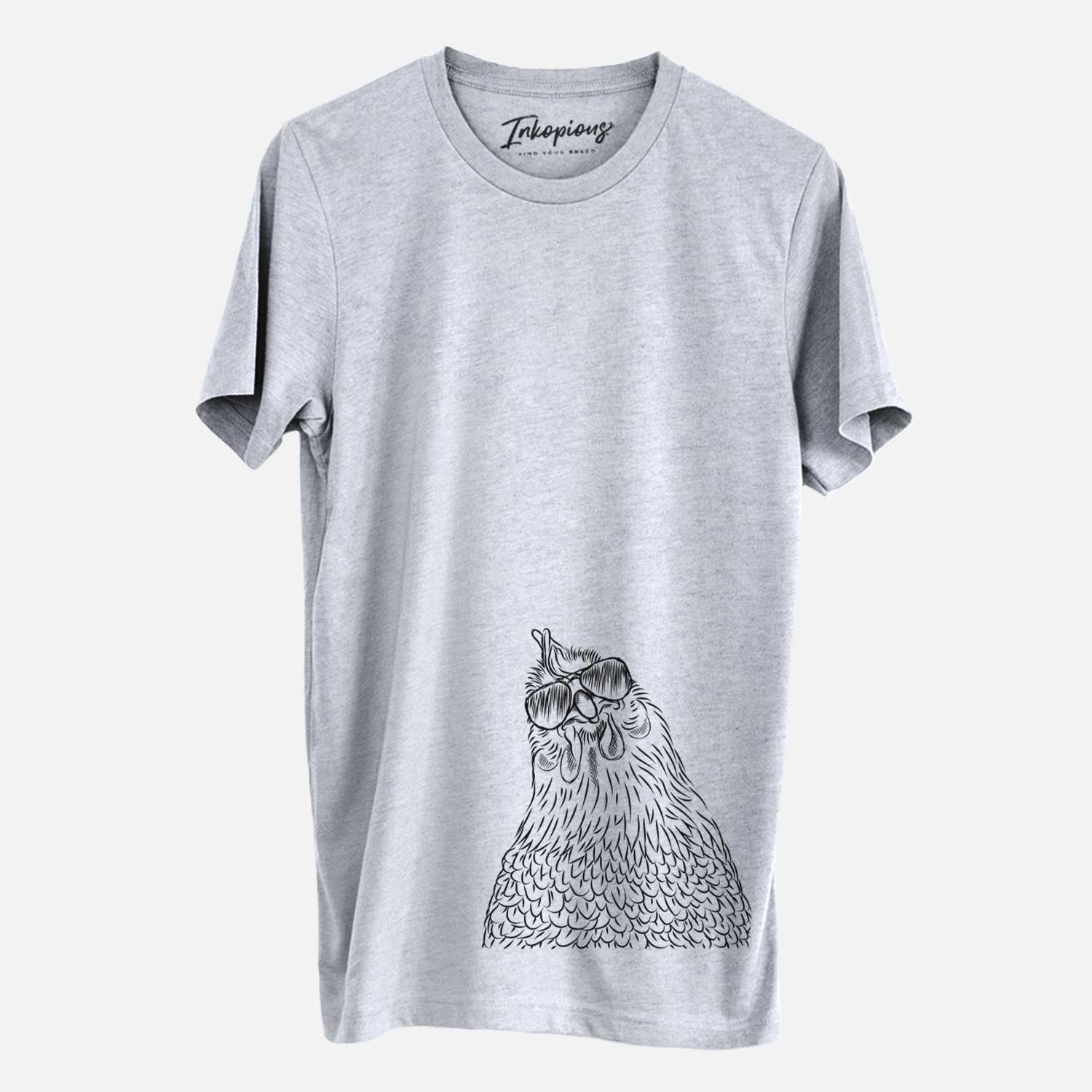 Hand-drawn sketch of Henrietta the Chicken wearing aviator sunglasses on a Grey Unisex crewneck