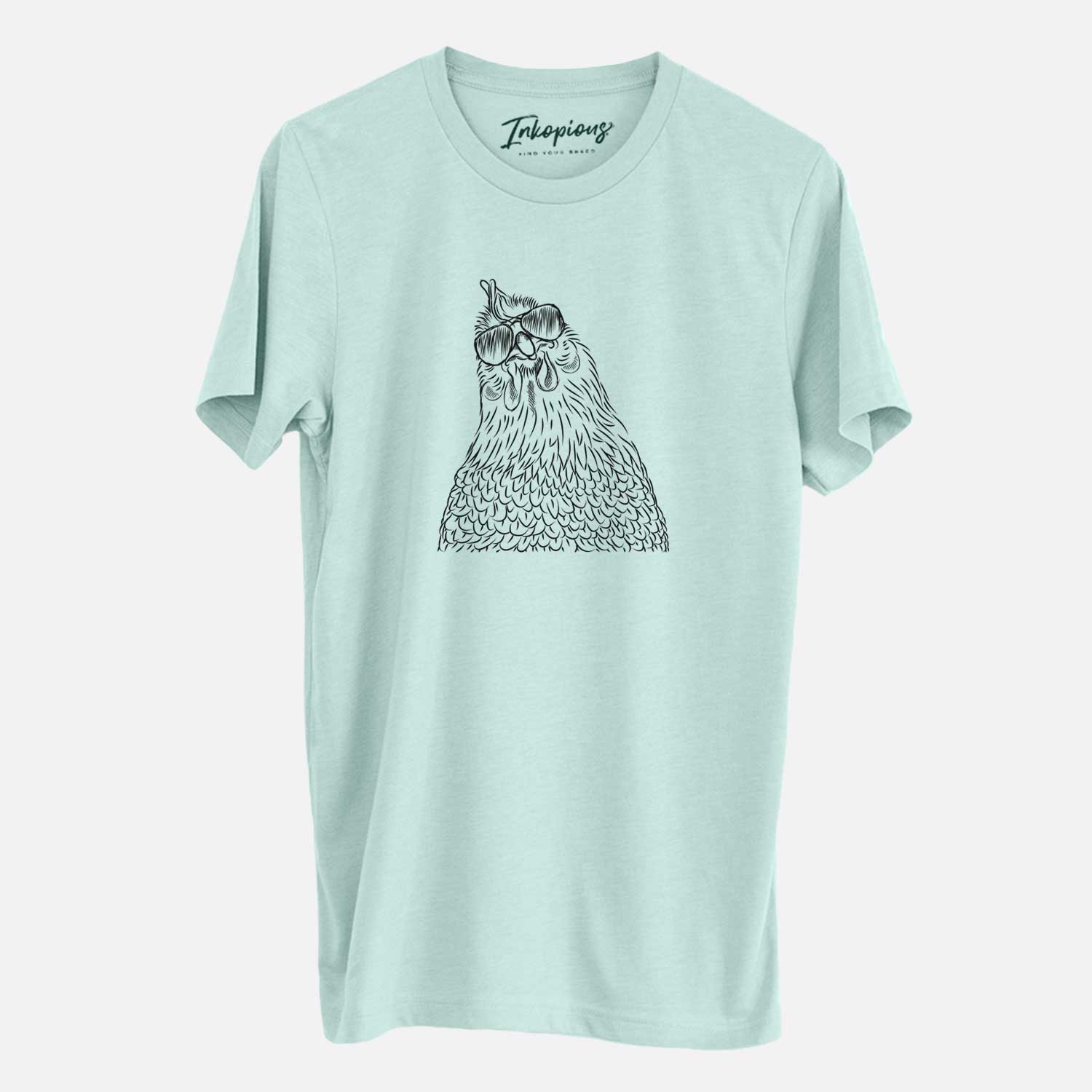 Hand-drawn sketch of Henrietta the Chicken wearing aviator sunglasses on a Heather Sage Unisex crewneck
