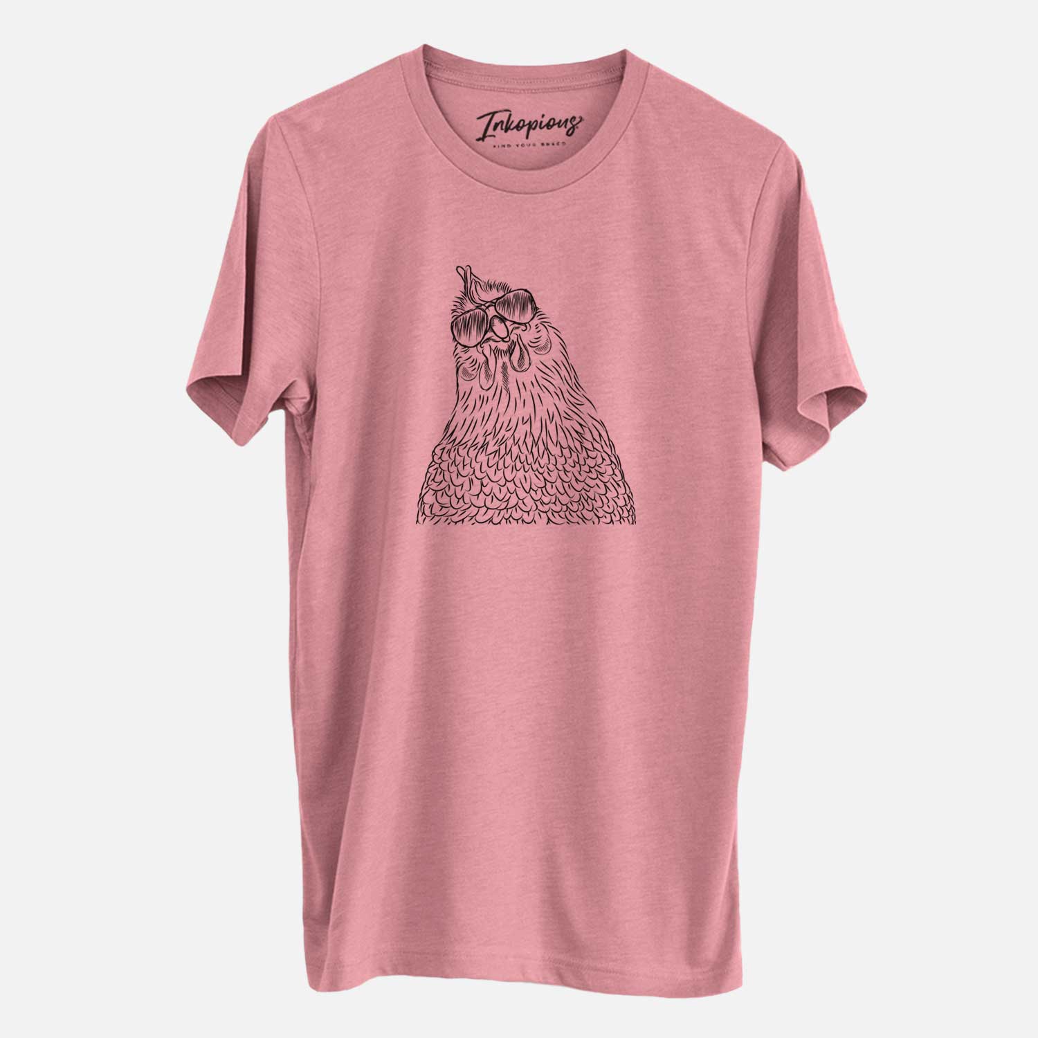 Hand-drawn sketch of Henrietta the Chicken wearing aviator sunglasses on a Mauve Unisex crewneck