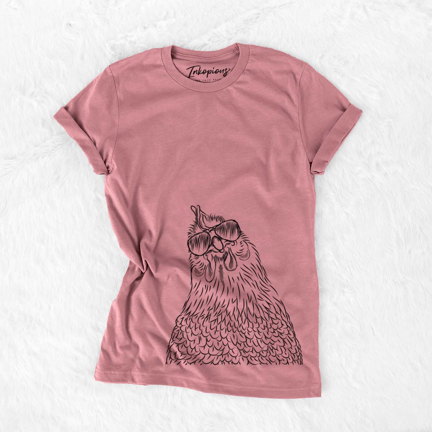 Hand-drawn sketch of Henrietta the Chicken wearing aviator sunglasses on a Mauve Unisex crewneck