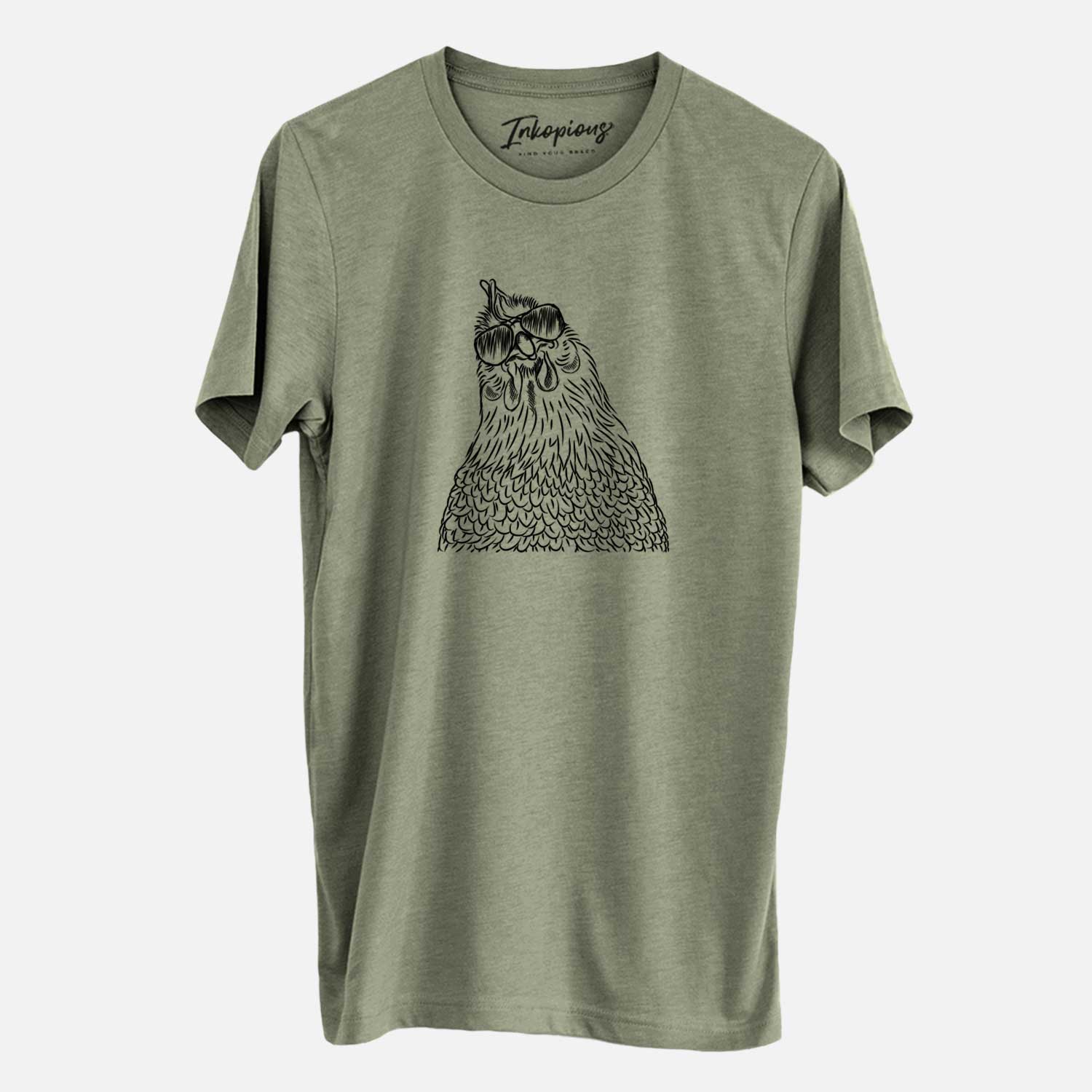 Hand-drawn sketch of Henrietta the Chicken wearing aviator sunglasses on an Olive Unisex crewneck