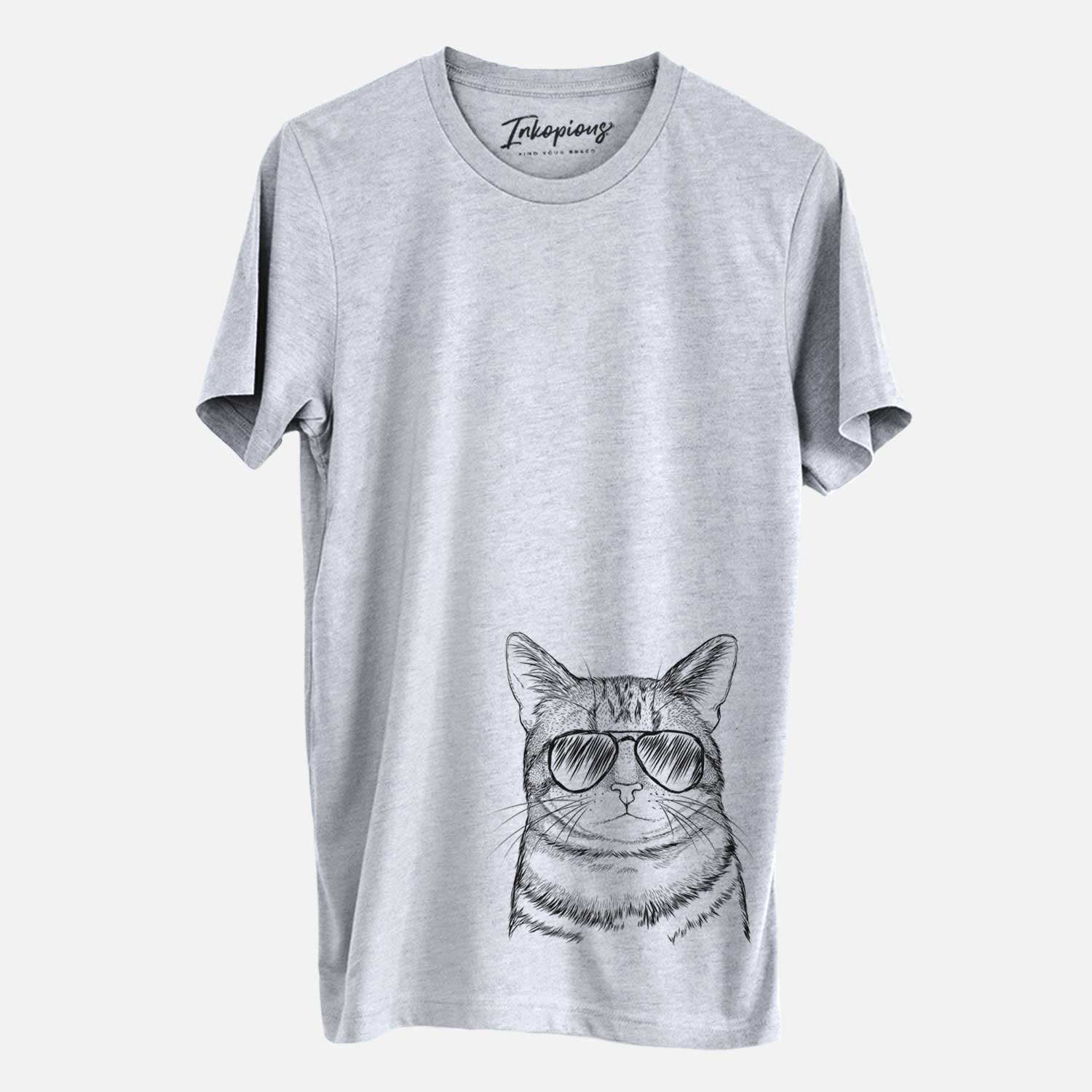 Hand-drawn sketch of Henry the Bengal wearing aviator sunglasses on a Grey Unisex crewneck