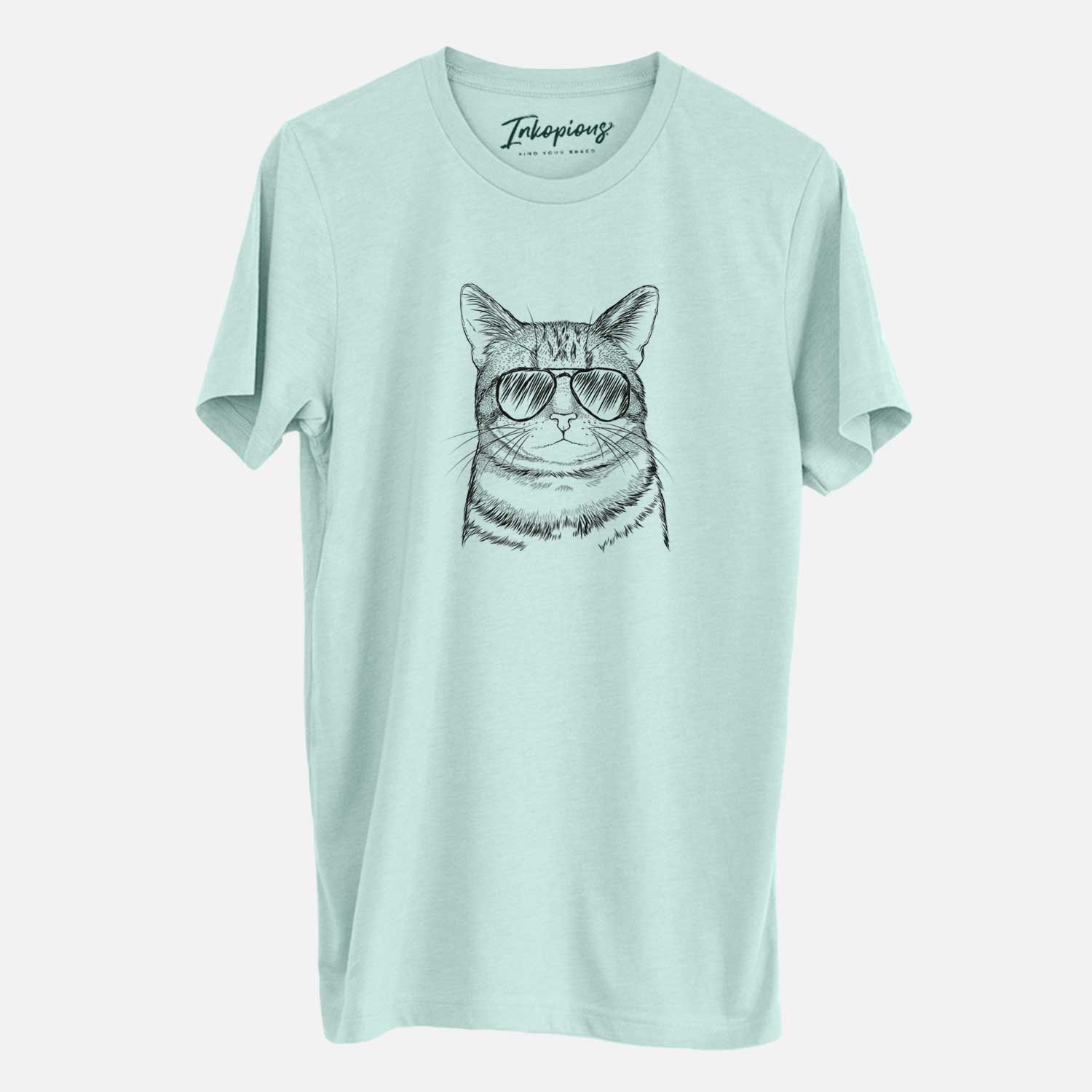 Hand-drawn sketch of Henry the Bengal wearing aviator sunglasses on a Heather Sage Unisex crewneck
