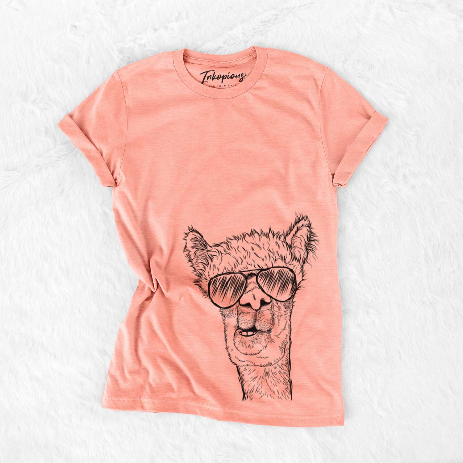 Hand-drawn sketch of Henry the Alpaca wearing aviator sunglasses on a Sunset Bella Canvas Unisex Crewneck