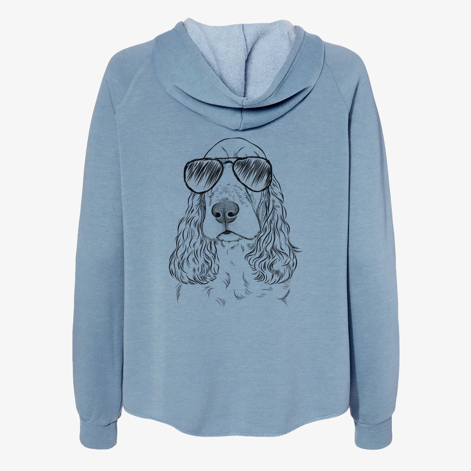 Hand-drawn sketch of Henry the English Cocker Spaniel wearing aviator sunglasses on a Misty Blue Women's cali wave zip-up sweatshirt