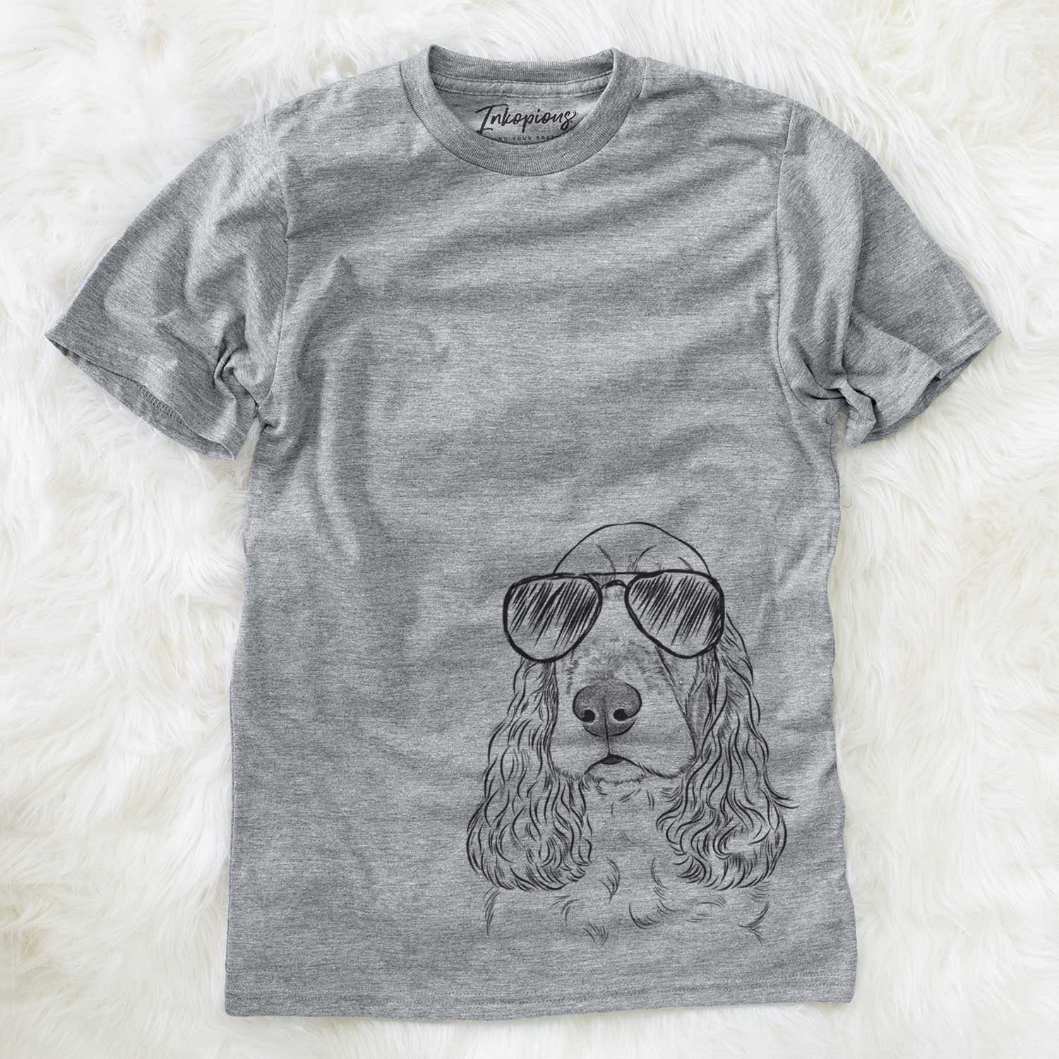 Hand-drawn sketch of Henry the English Cocker Spaniel wearing aviator sunglasses on a Grey Unisex crewneck