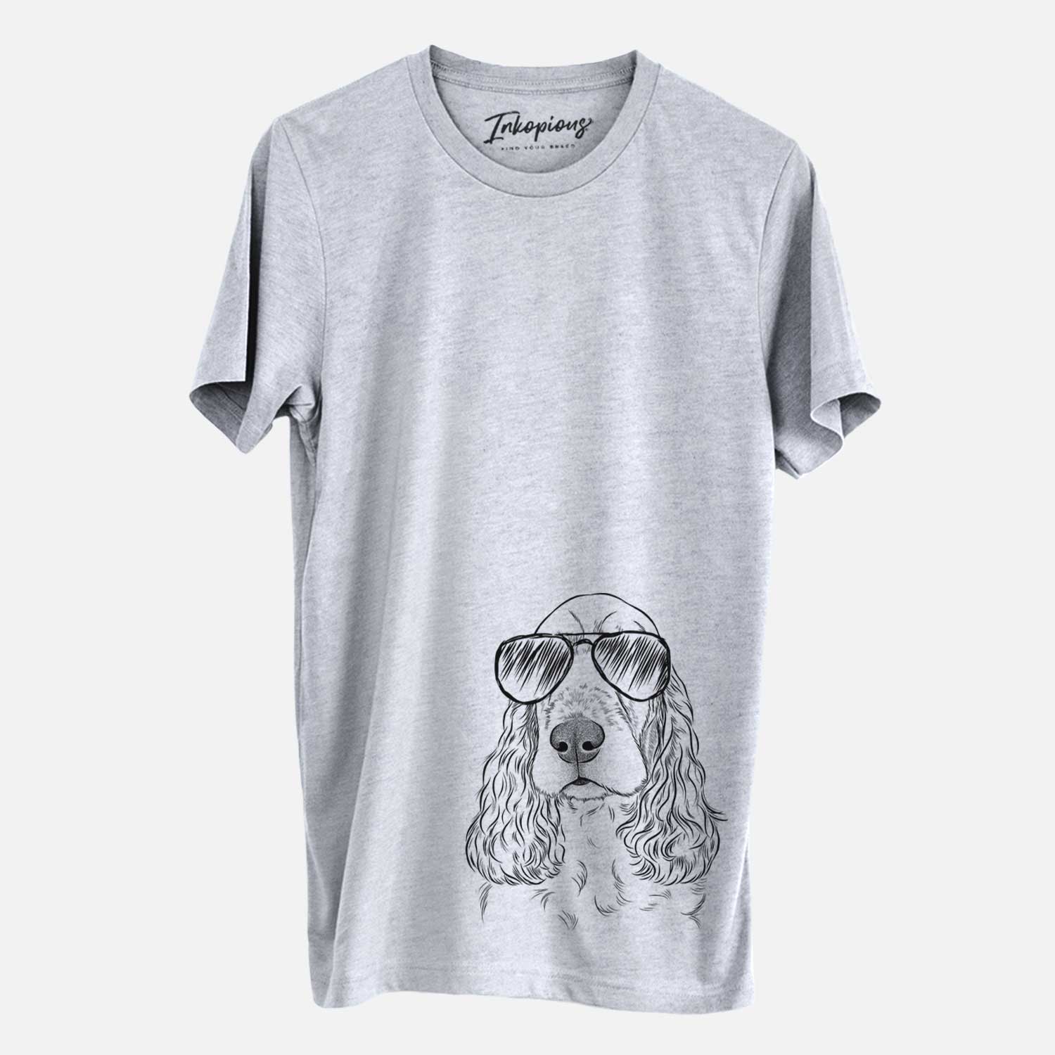 Hand-drawn sketch of Henry the English Cocker Spaniel wearing aviator sunglasses on a Grey Unisex crewneck