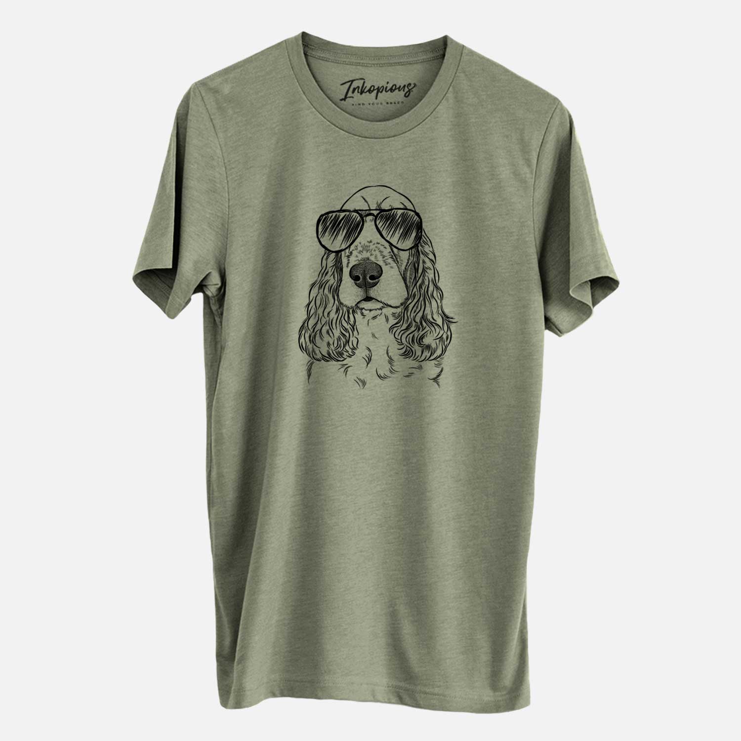 Hand-drawn sketch of Henry the English Cocker Spaniel wearing aviator sunglasses on an Olive Unisex crewneck