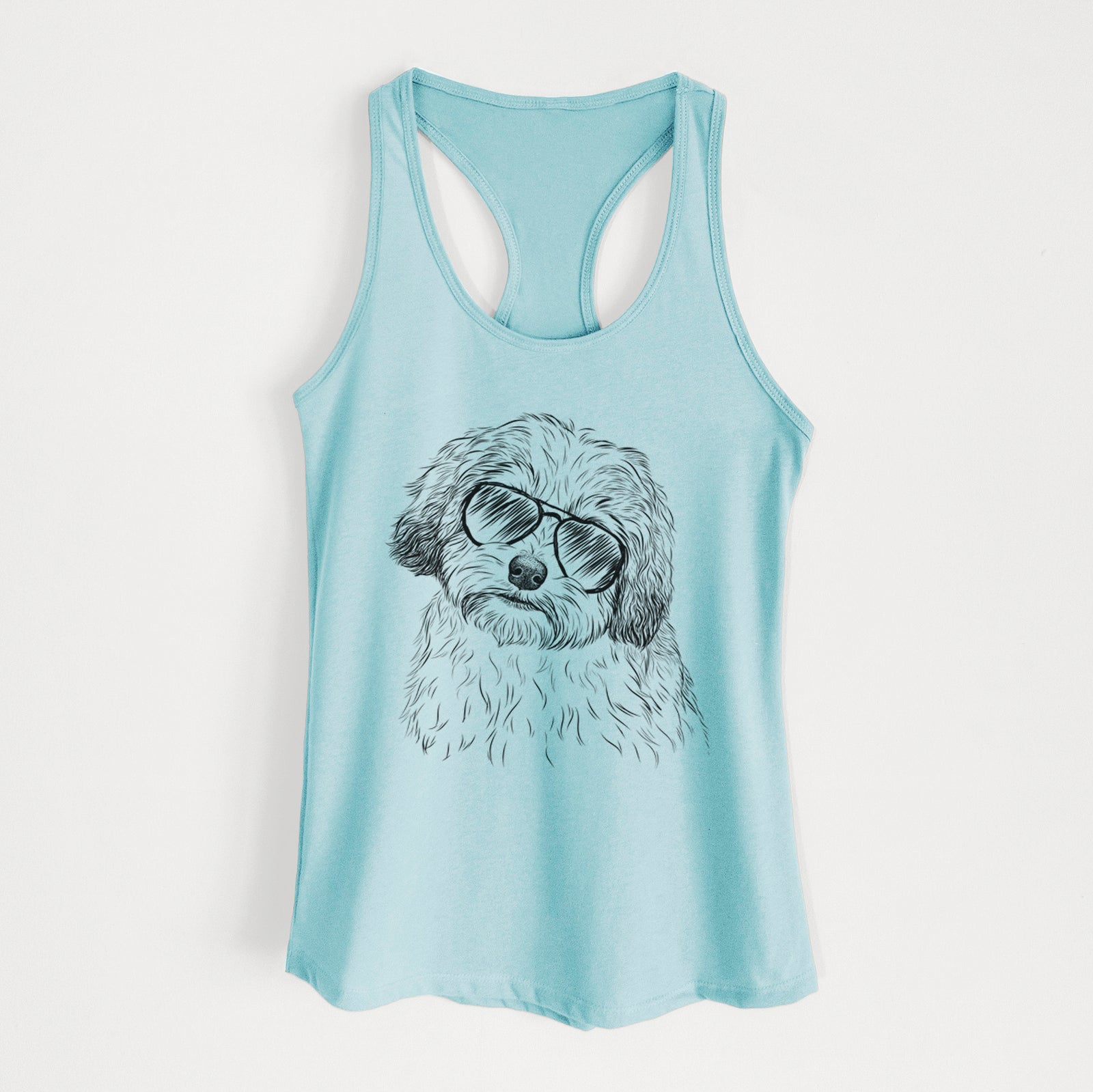 Hand-drawn sketch of Henry the Havanese wearing aviator sunglasses on a Cancun Blue Women's racerback tanktop