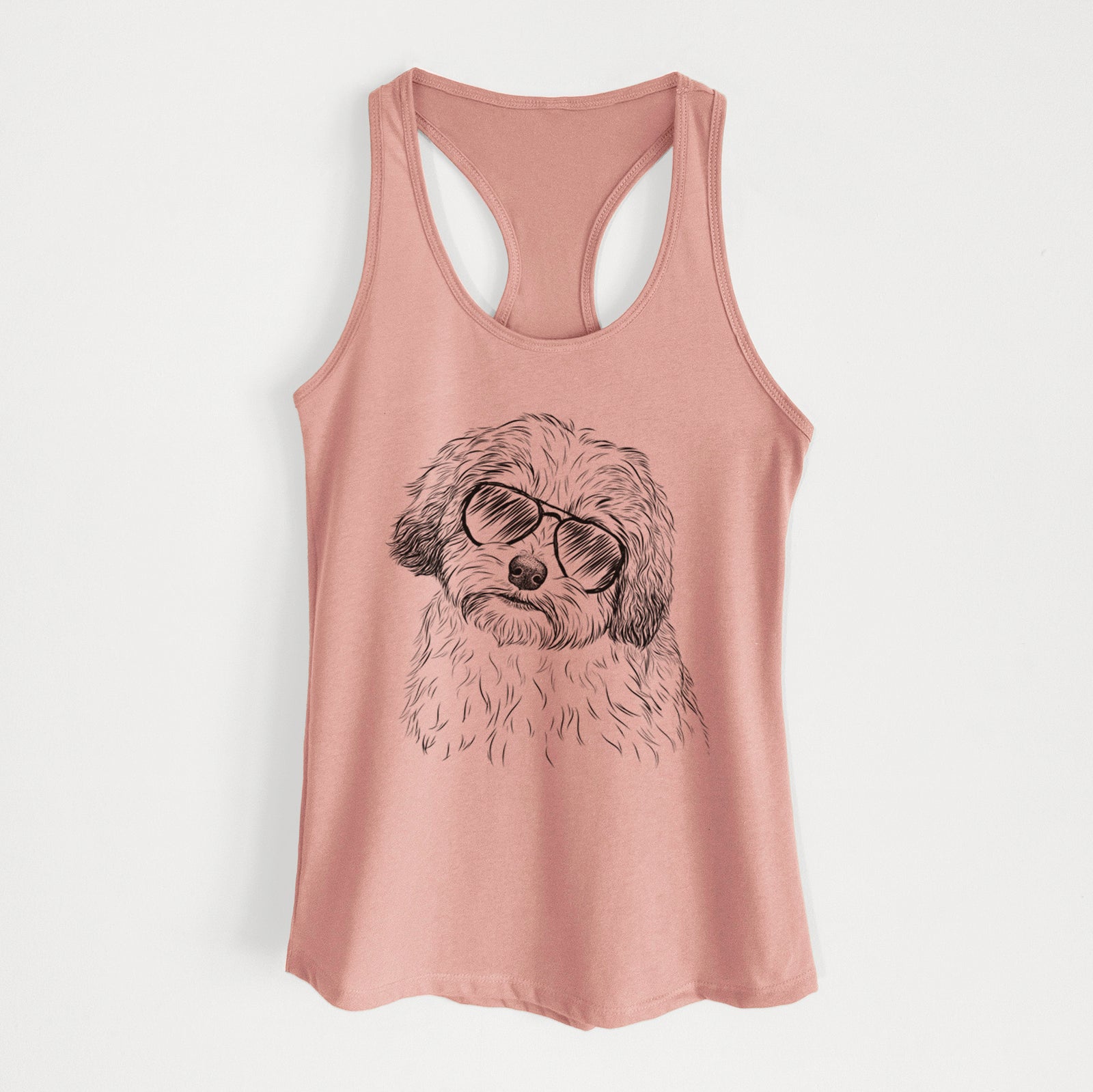 Hand-drawn sketch of Henry the Havanese wearing aviator sunglasses on a Desert Pink Women's racerback tanktop
