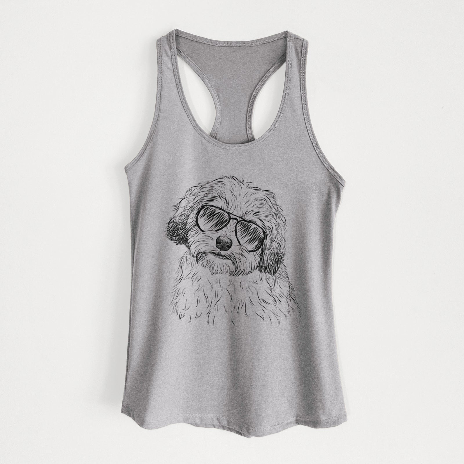 Hand-drawn sketch of Henry the Havanese wearing aviator sunglasses on a Heather Grey Women's racerback tanktop