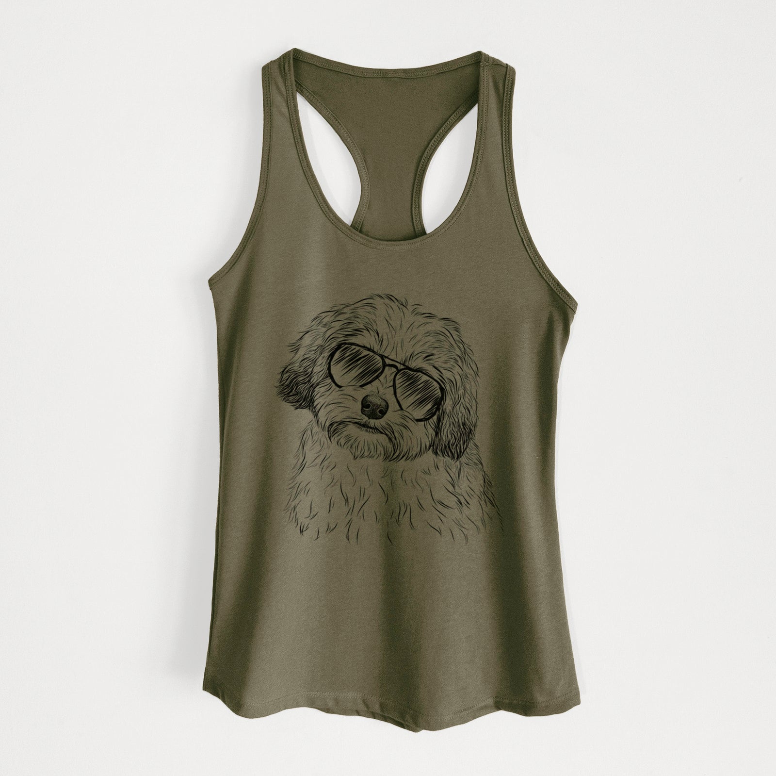 Hand-drawn sketch of Henry the Havanese wearing aviator sunglasses on a Military Green Women's racerback tanktop