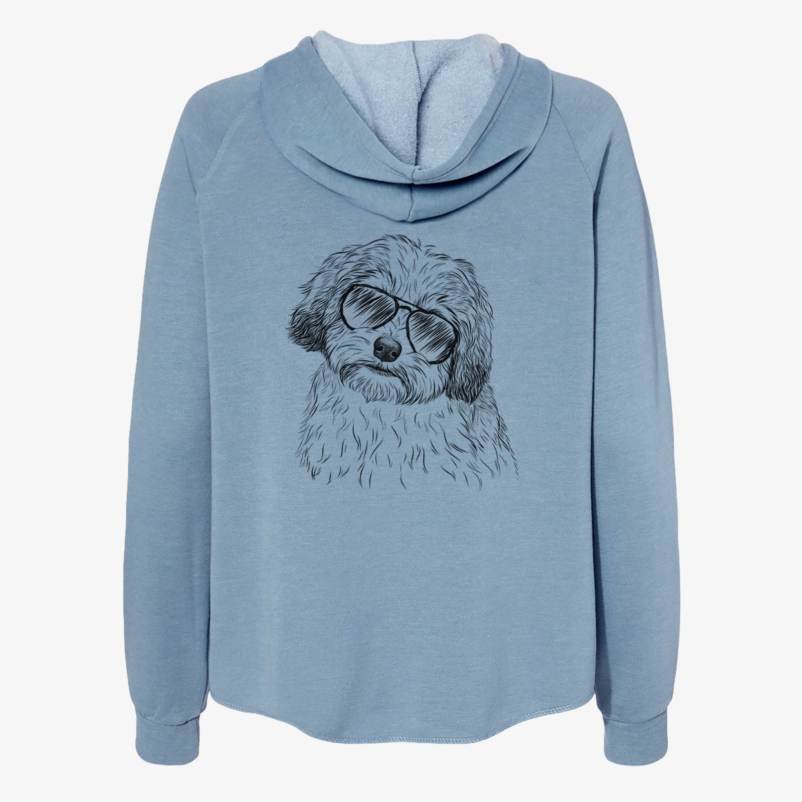 Hand-drawn sketch of Henry the Havanese wearing aviator sunglasses on a Misty Blue Women's cali wave zip-up sweatshirt