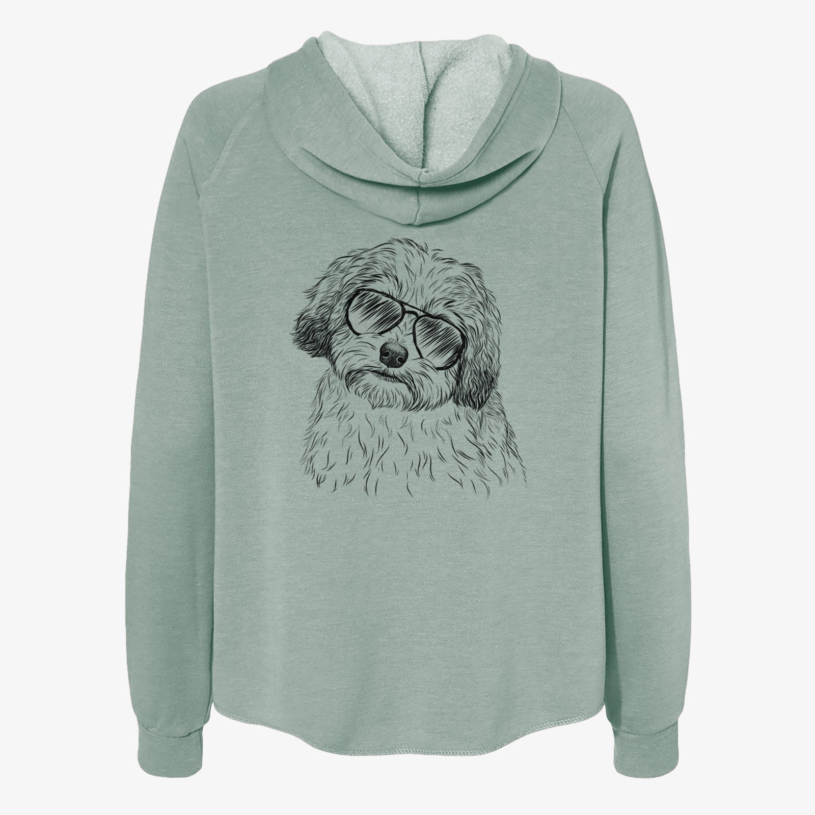 Hand-drawn sketch of Henry the Havanese wearing aviator sunglasses on a Sage Women's cali wave zip-up sweatshirt