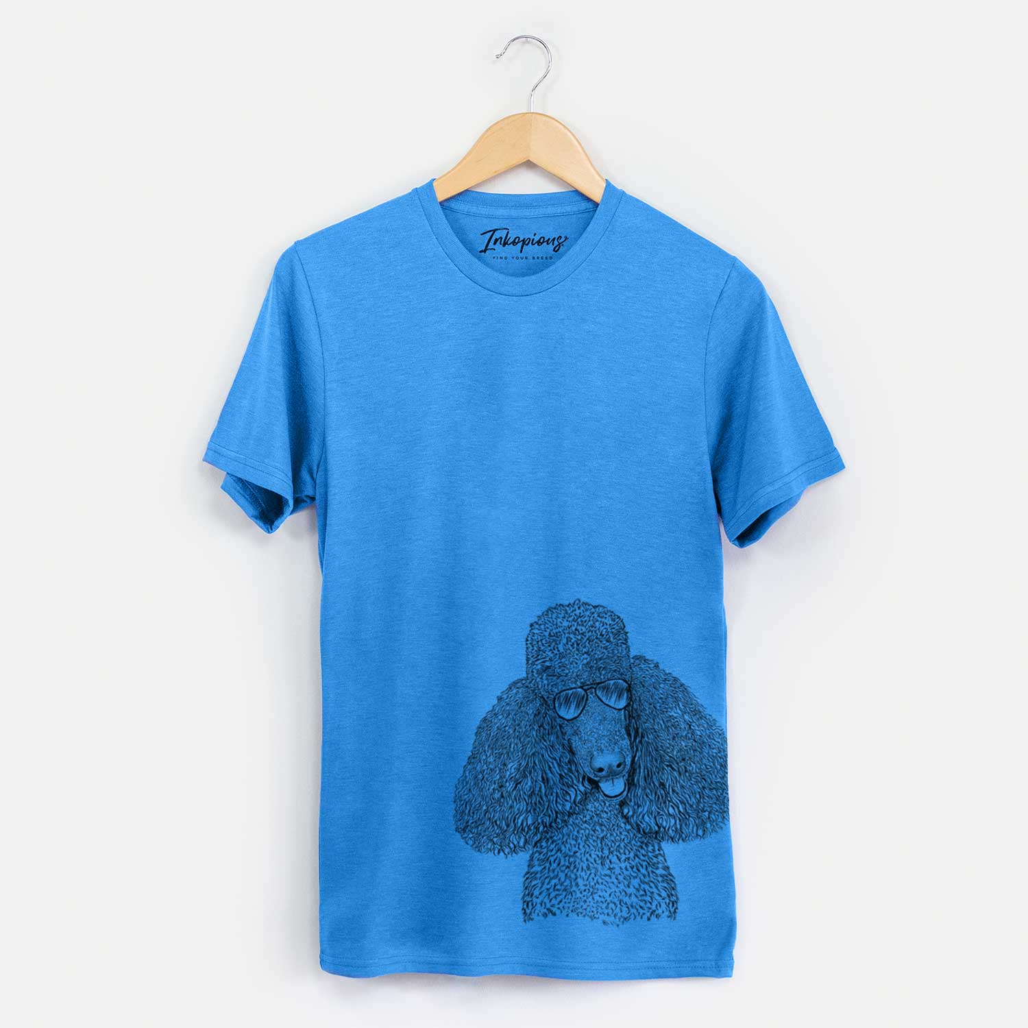 Hand-drawn sketch of Henry the Standard Poodle wearing aviator sunglasses on a Blue Unisex crewneck