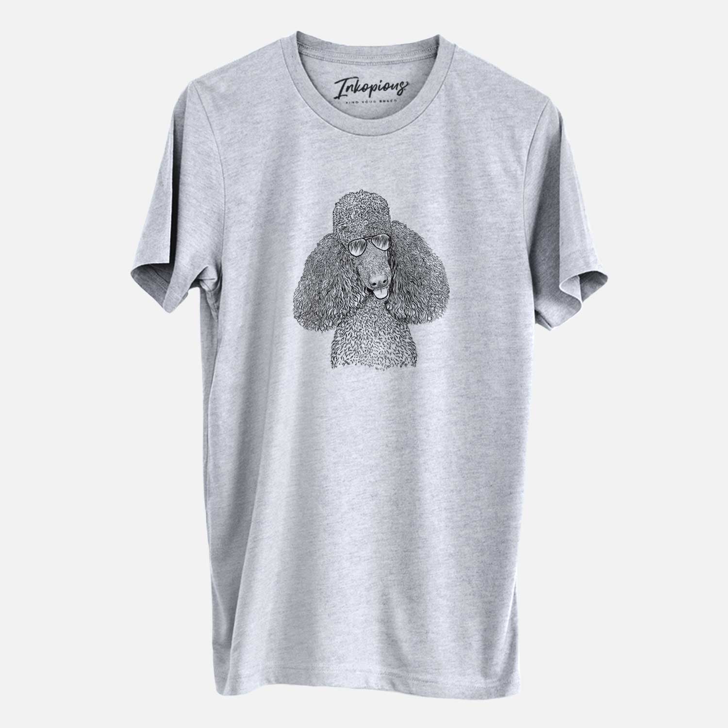 Hand-drawn sketch of Henry the Standard Poodle wearing aviator sunglasses on a Grey Unisex crewneck