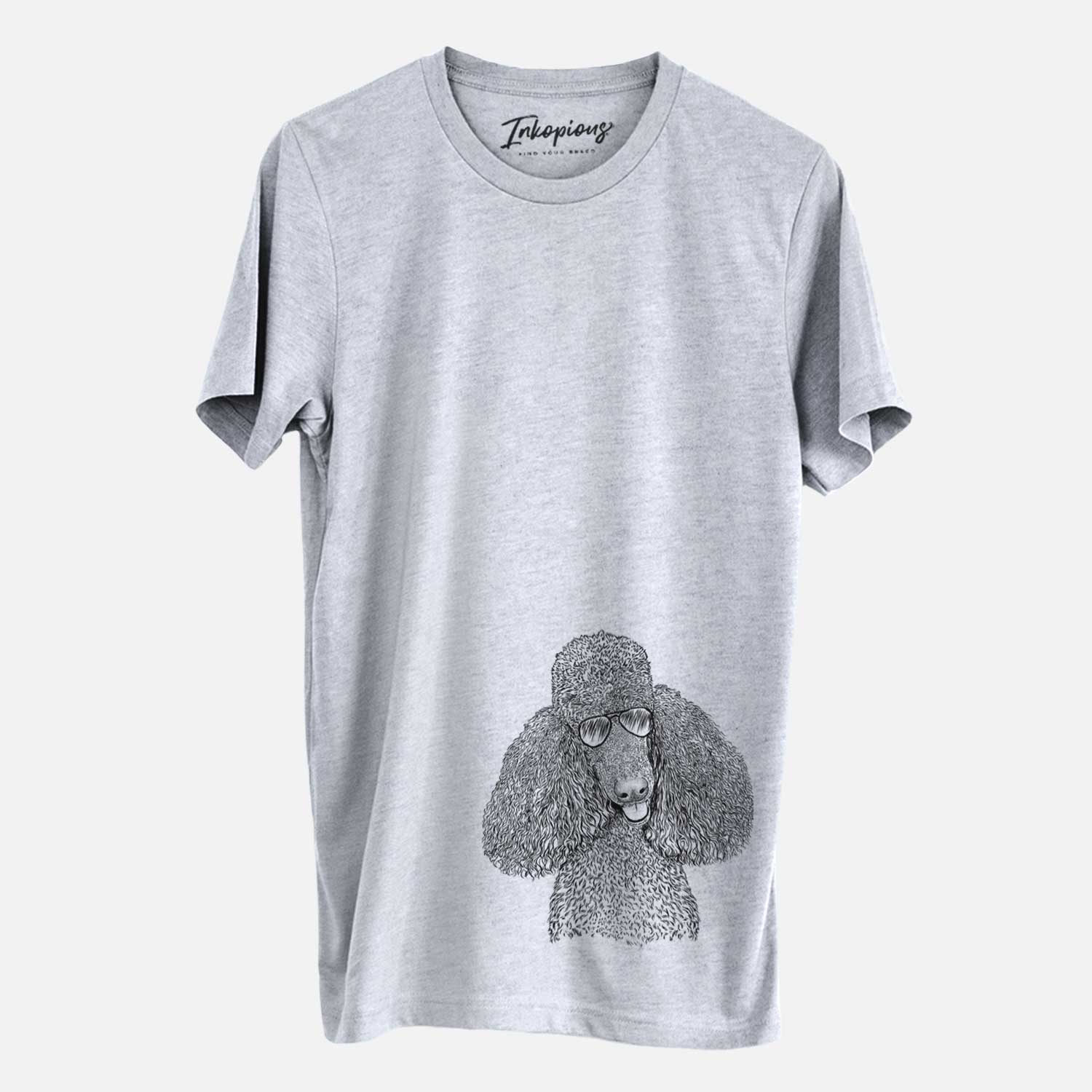Hand-drawn sketch of Henry the Standard Poodle wearing aviator sunglasses on a Grey Unisex crewneck
