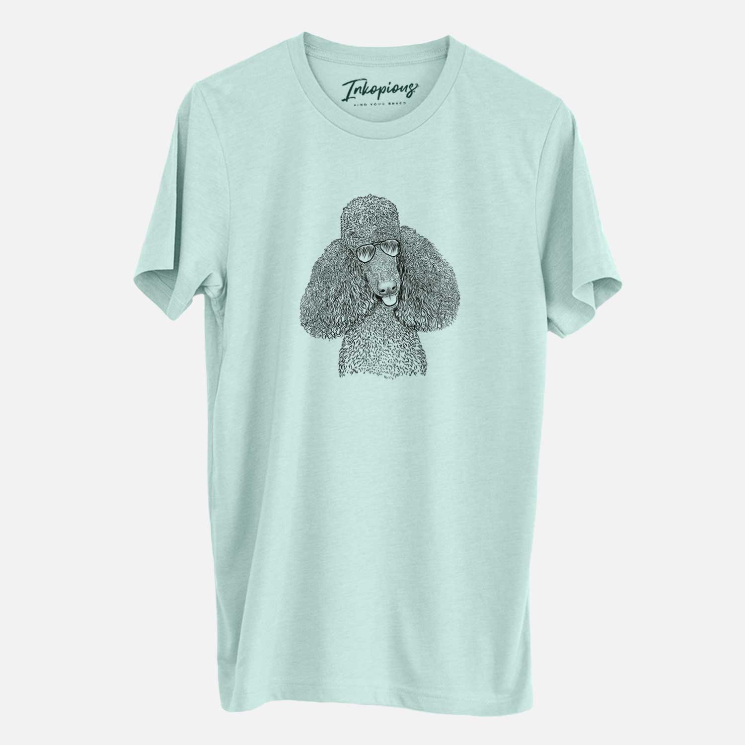 Hand-drawn sketch of Henry the Standard Poodle wearing aviator sunglasses on a Heather Sage Unisex crewneck