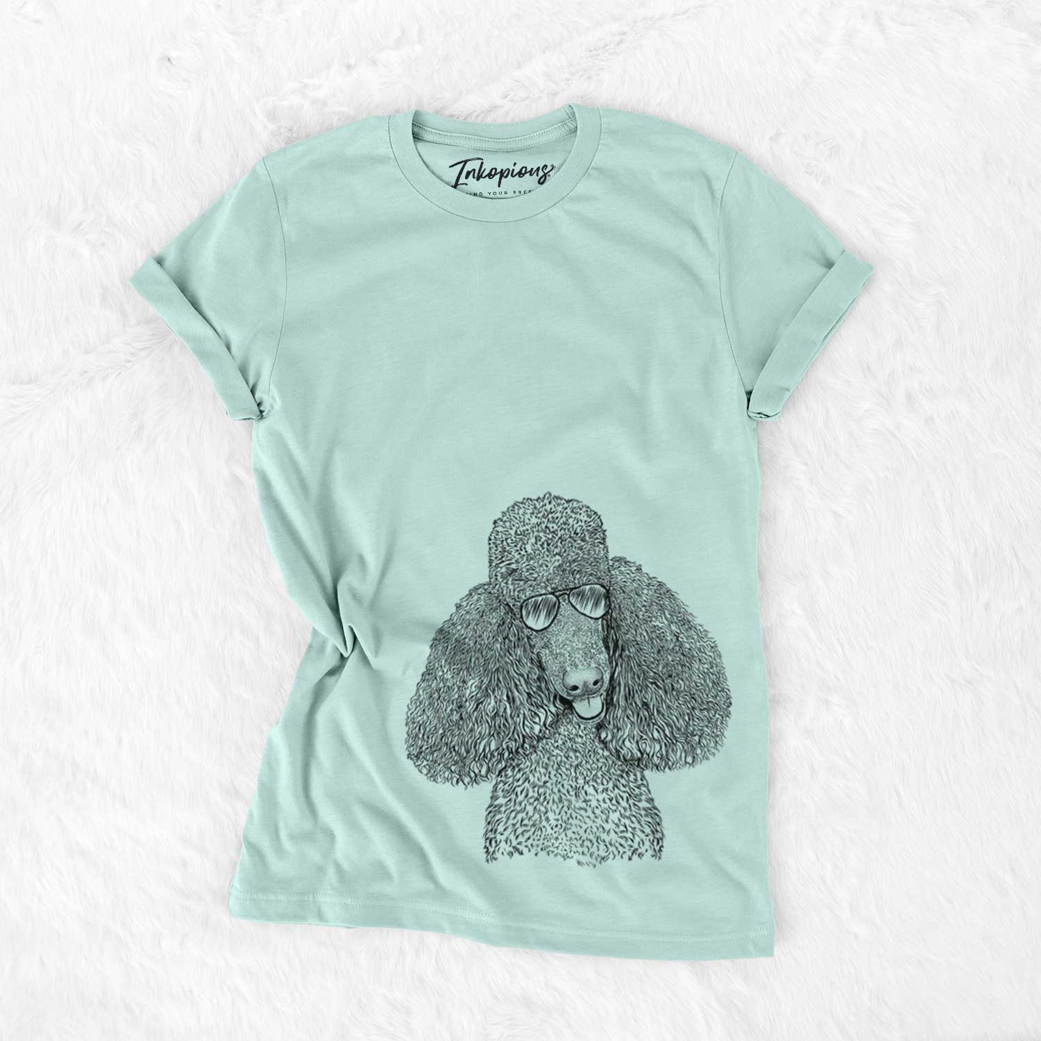 Hand-drawn sketch of Henry the Standard Poodle wearing aviator sunglasses on a Heather Sage Unisex crewneck